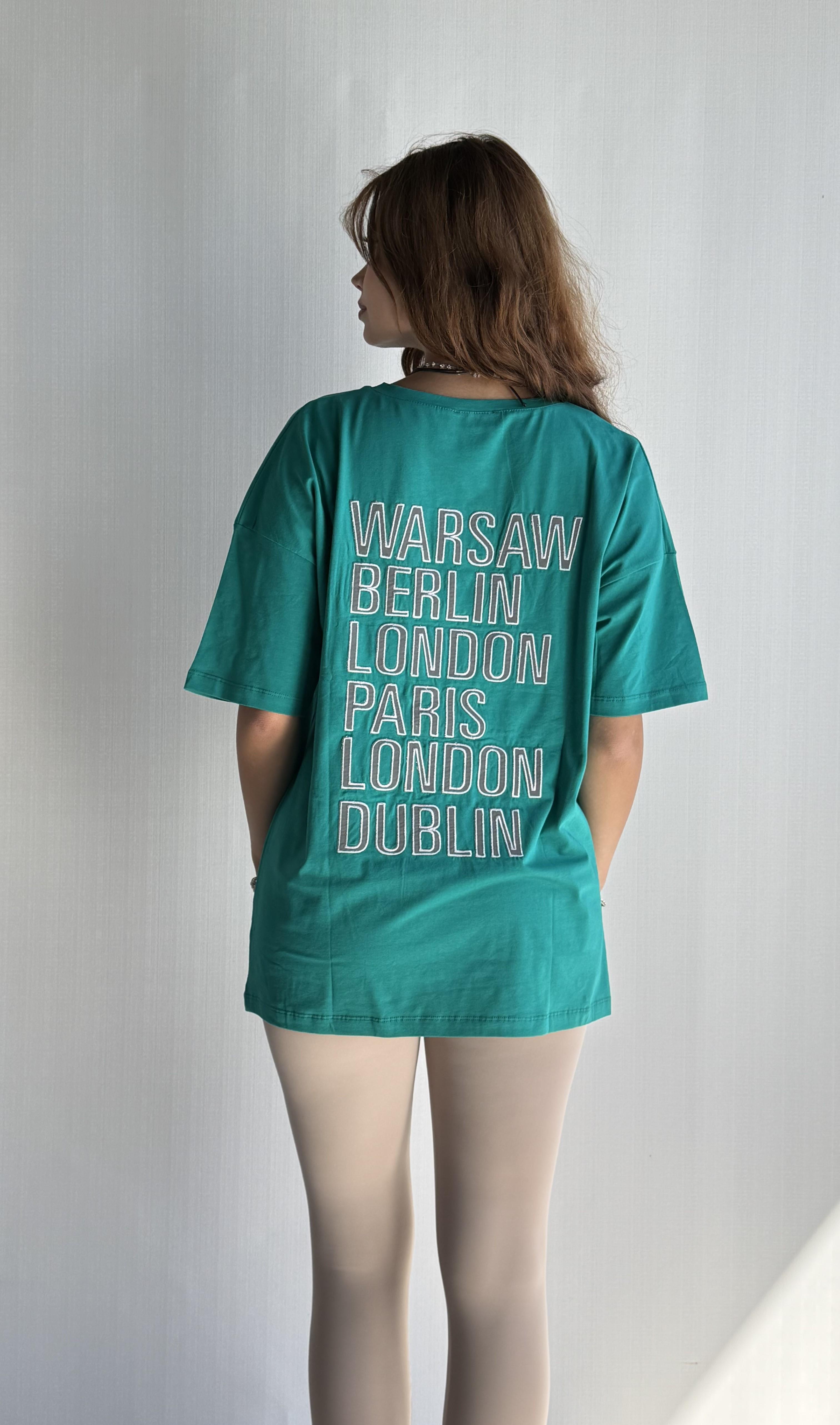 Kadın Bisiklet Yaka Sırt Nakış Detaylı Oversize Mint Tişört