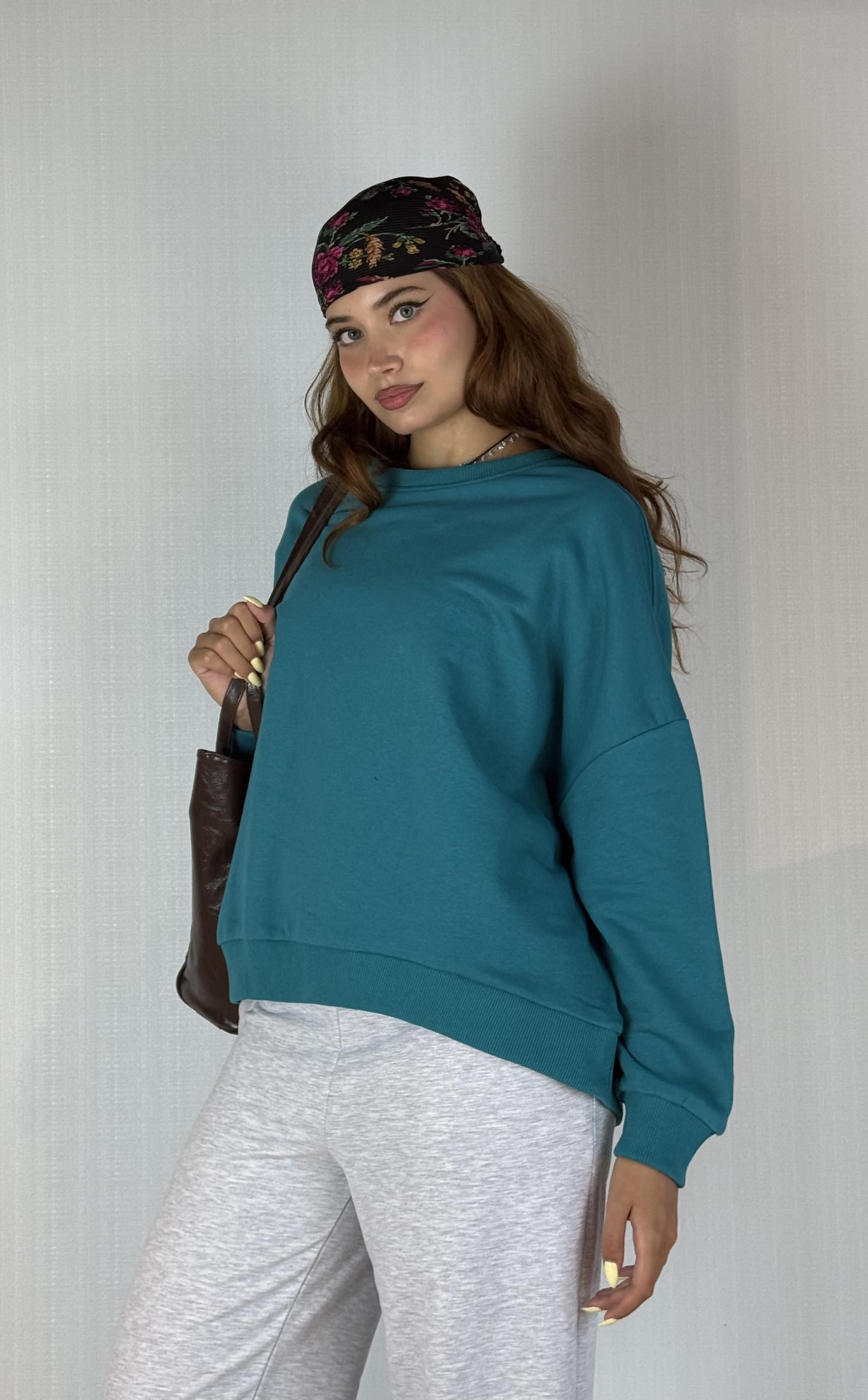Kadın Bisiklet Yaka Üç İplikli Uzun Kollu  Oversize Basic Mint Sweatshirt 