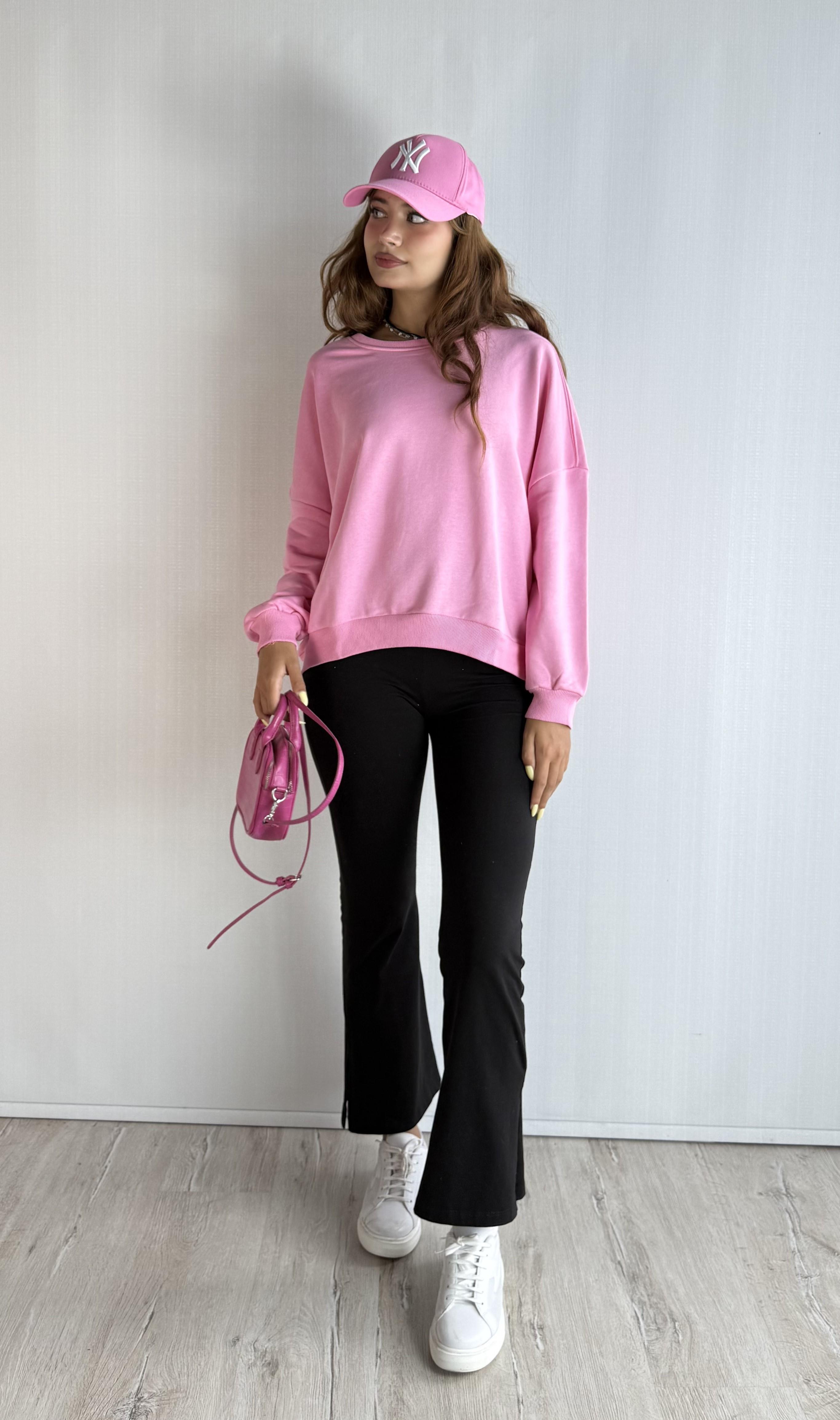 Kadın Bisiklet Yaka Üç İplikli Uzun Kollu Oversize Basic Pembe Sweatshirt 