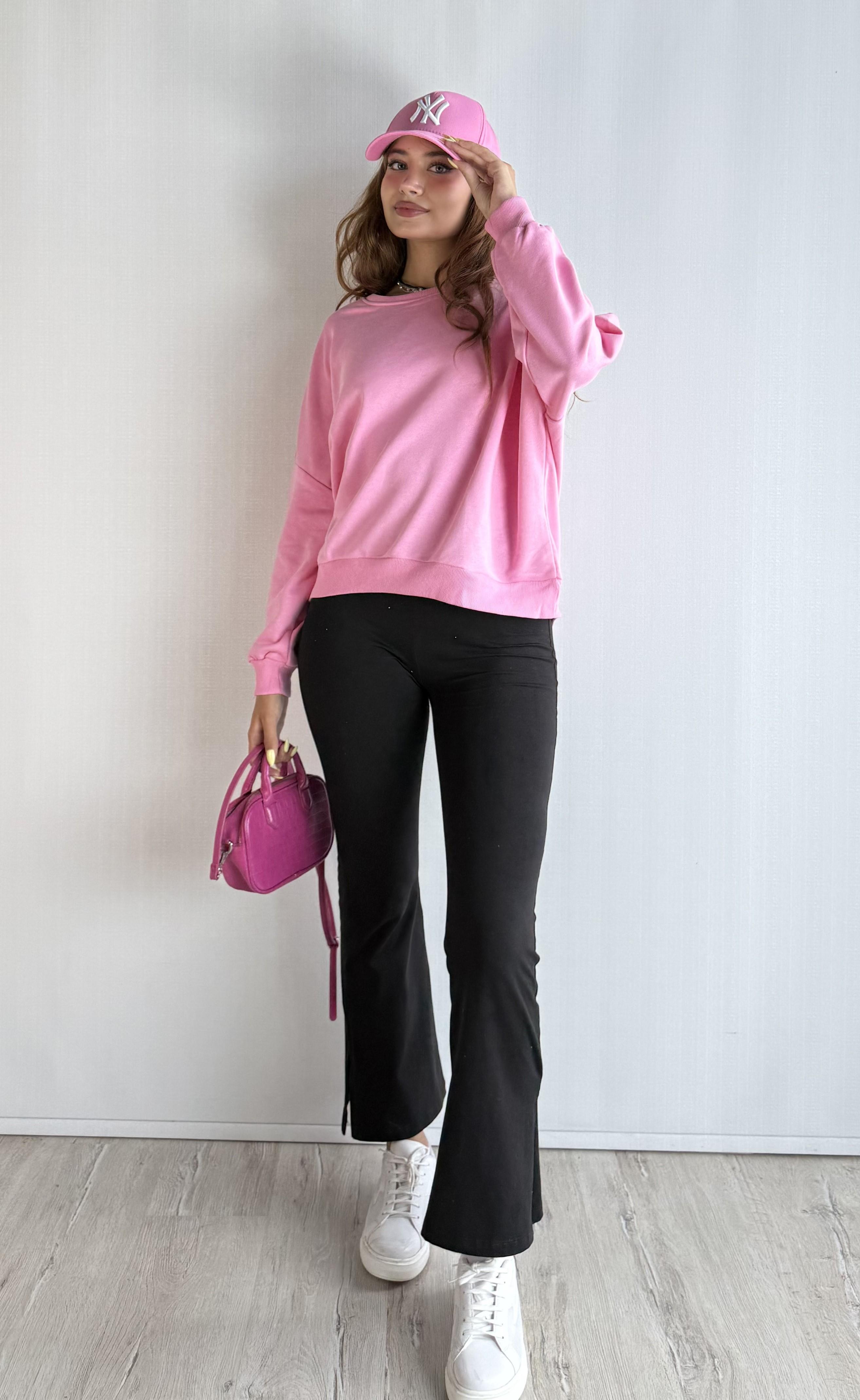 Kadın Bisiklet Yaka Üç İplikli Uzun Kollu Oversize Basic Pembe Sweatshirt 