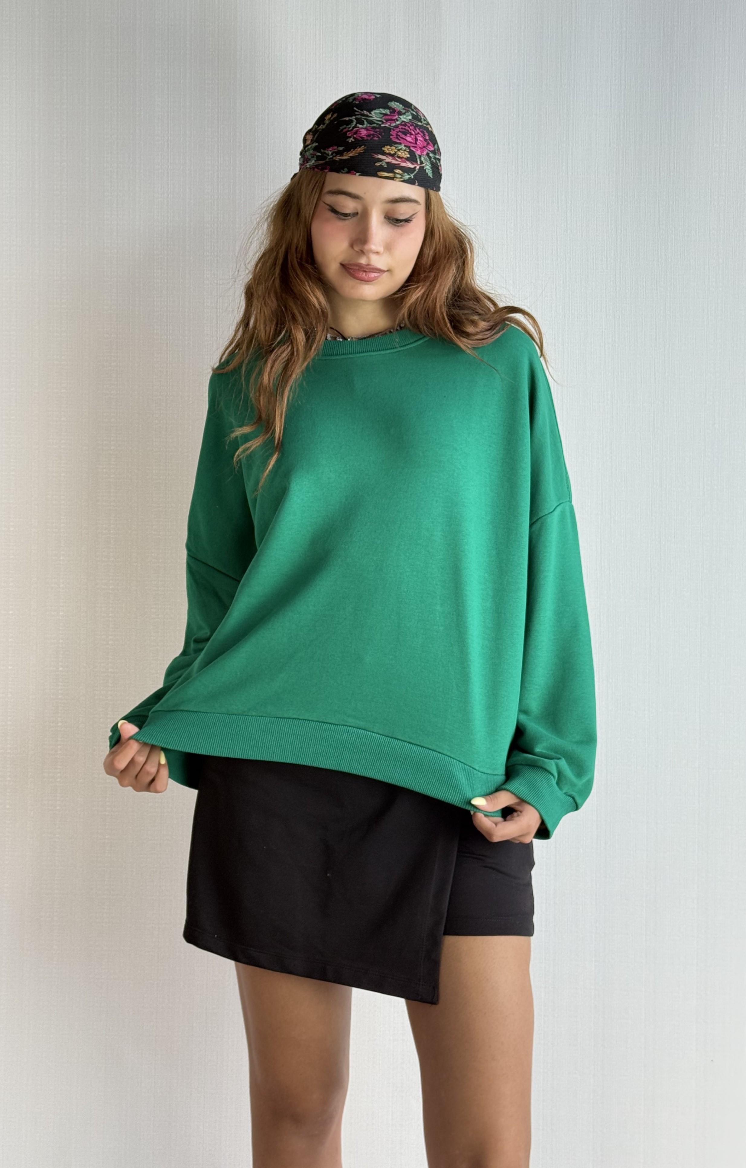 Kadın Bisiklet Yaka Üç İplikli Uzun Kollu Oversize Basic Haki Sweatshirt 