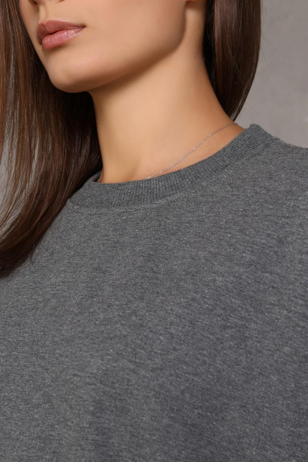 Kadın Bisiklet Yaka Uzun Kollu Basic Antrasit Sweatshirt 