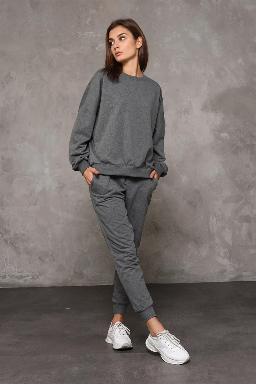 Kadın Bisiklet Yaka Uzun Kollu Basic Antrasit Sweatshirt 