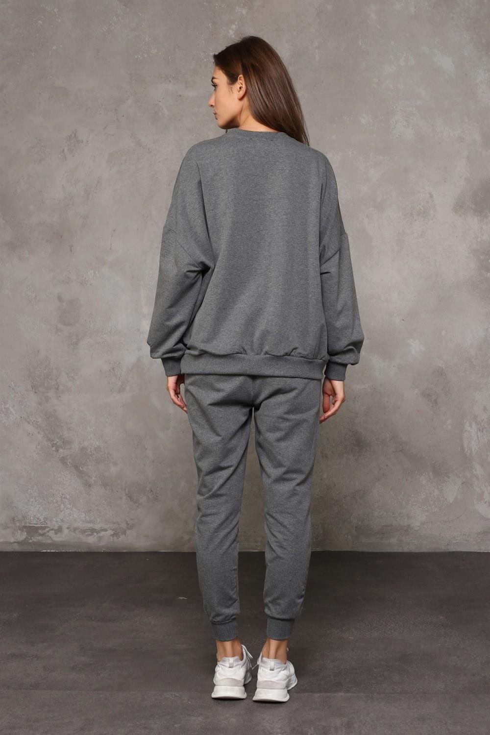 Kadın Bisiklet Yaka Uzun Kollu Basic Antrasit Sweatshirt 