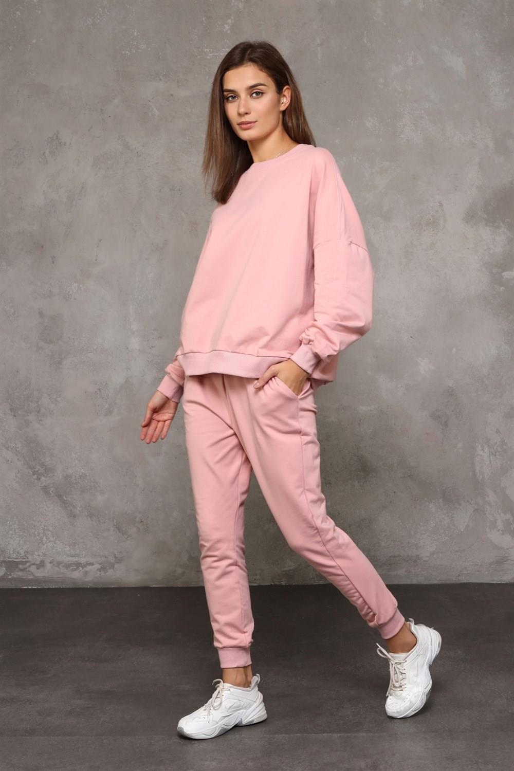 Kadın Bisiklet Yaka Uzun Kollu Basic Pudra Sweatshirt 