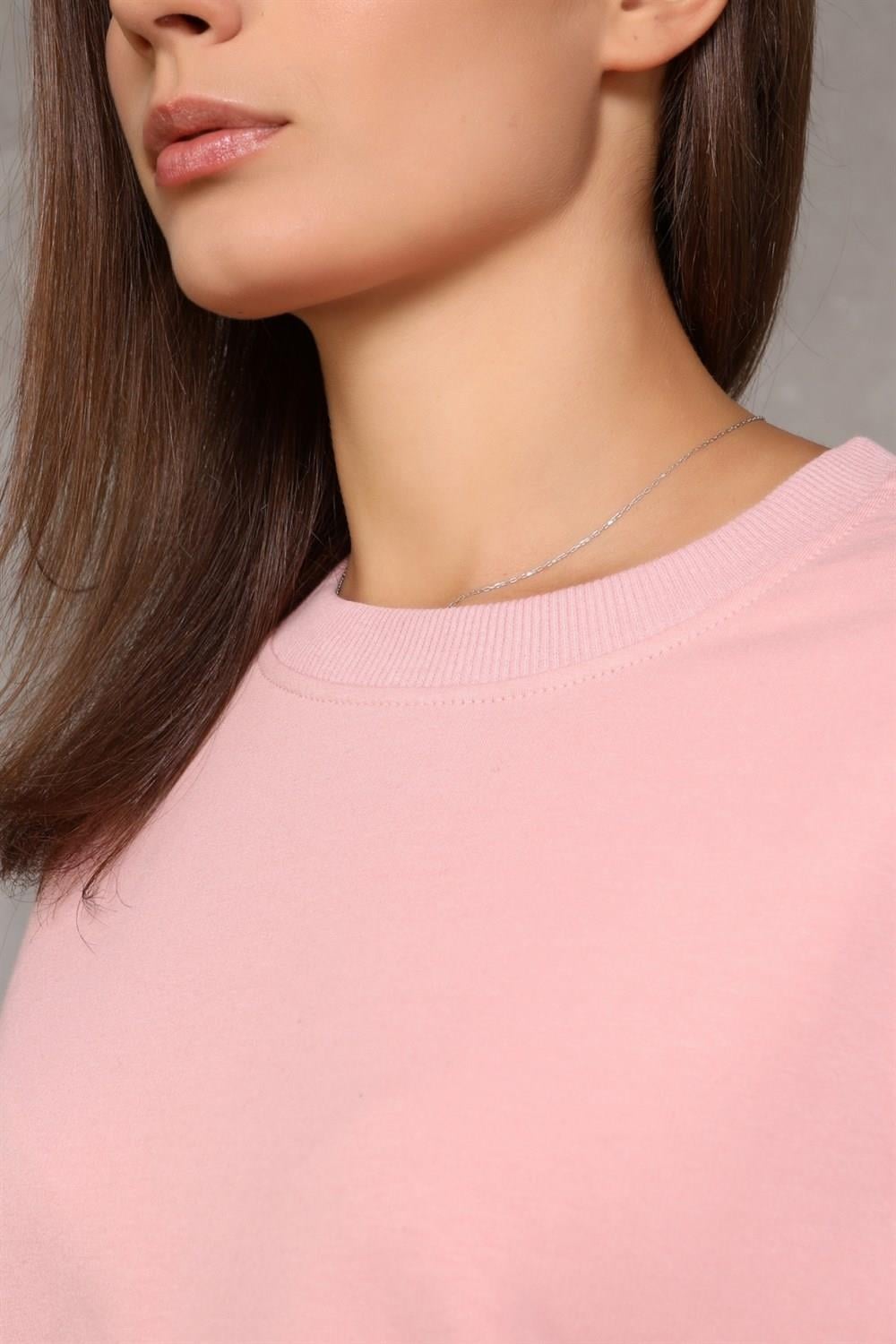 Kadın Bisiklet Yaka Uzun Kollu Basic Pudra Sweatshirt 