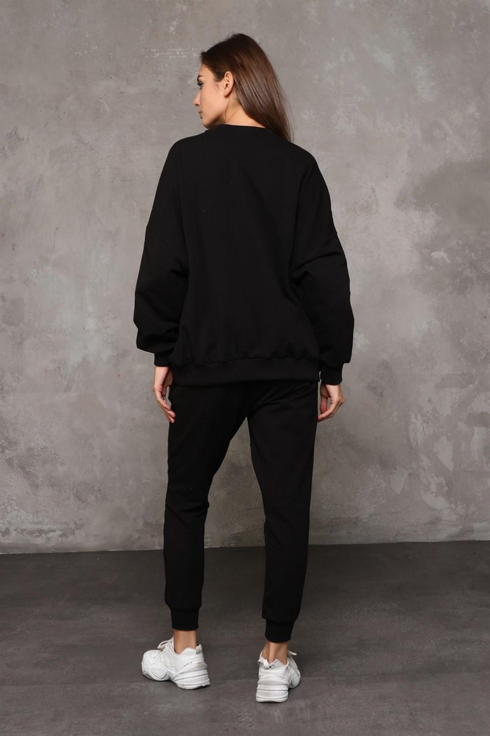 Kadın Bisiklet Yaka Uzun Kollu Basic Siyah Sweatshirt 