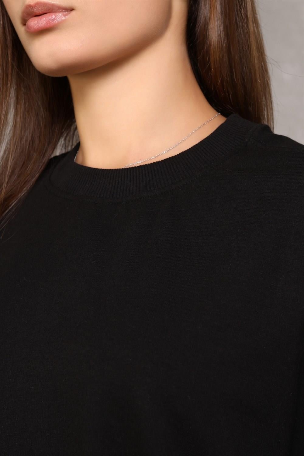 Kadın Bisiklet Yaka Uzun Kollu Basic Siyah Sweatshirt 