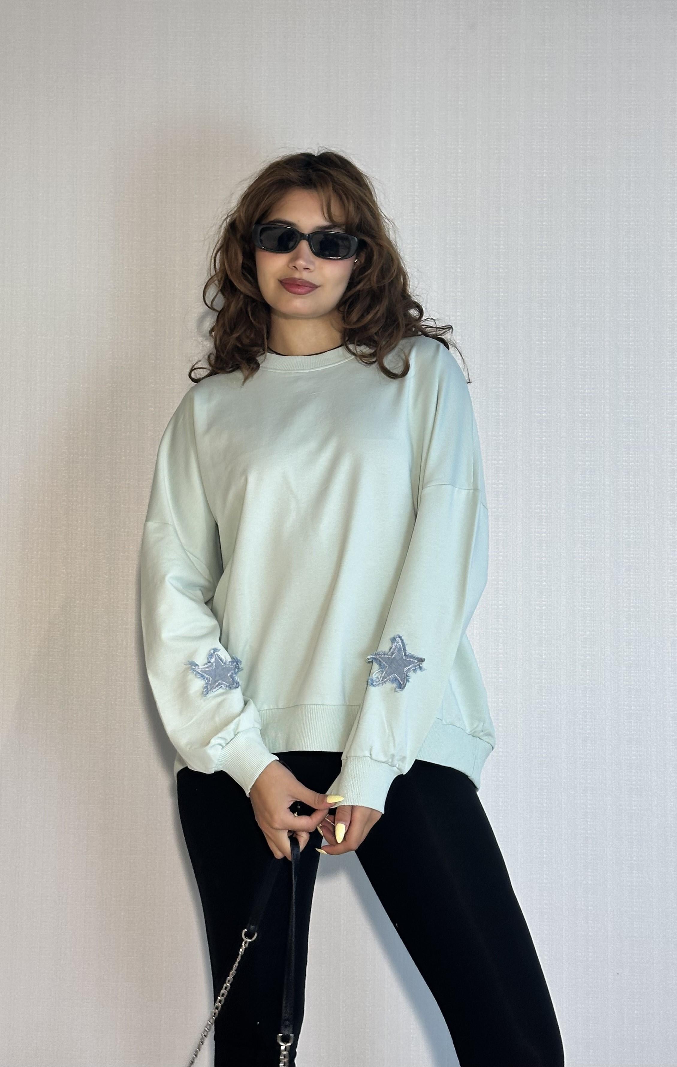 Kadın Bisiklet Yaka Uzun Kollu Yıldız Nakış Detaylı Turkuaz Sweatshirt 