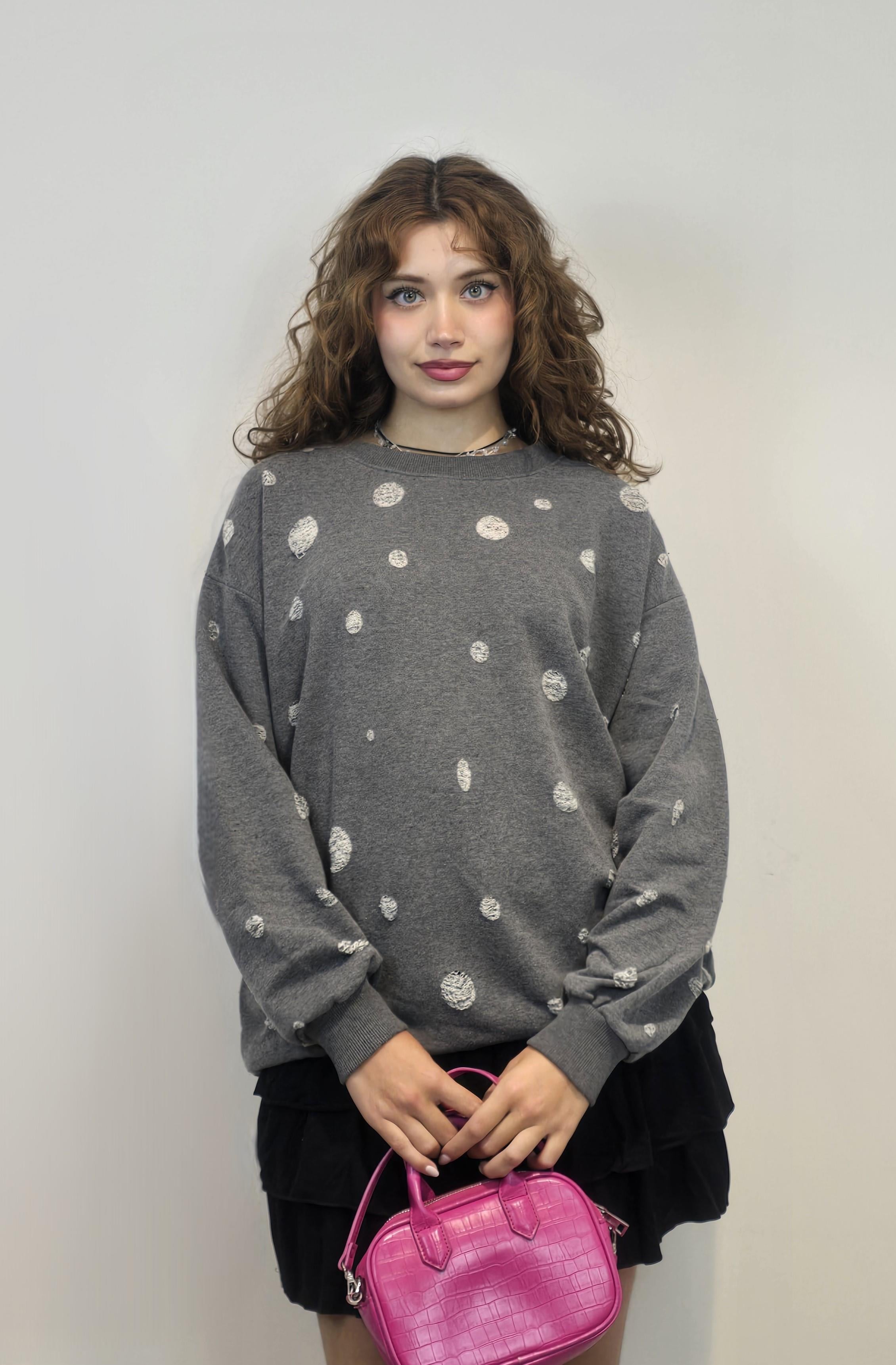 Kadın Bisiklet Yaka Yırtık Detaylı Oversize Uzun Kollu Antrasit Sweatshirt 