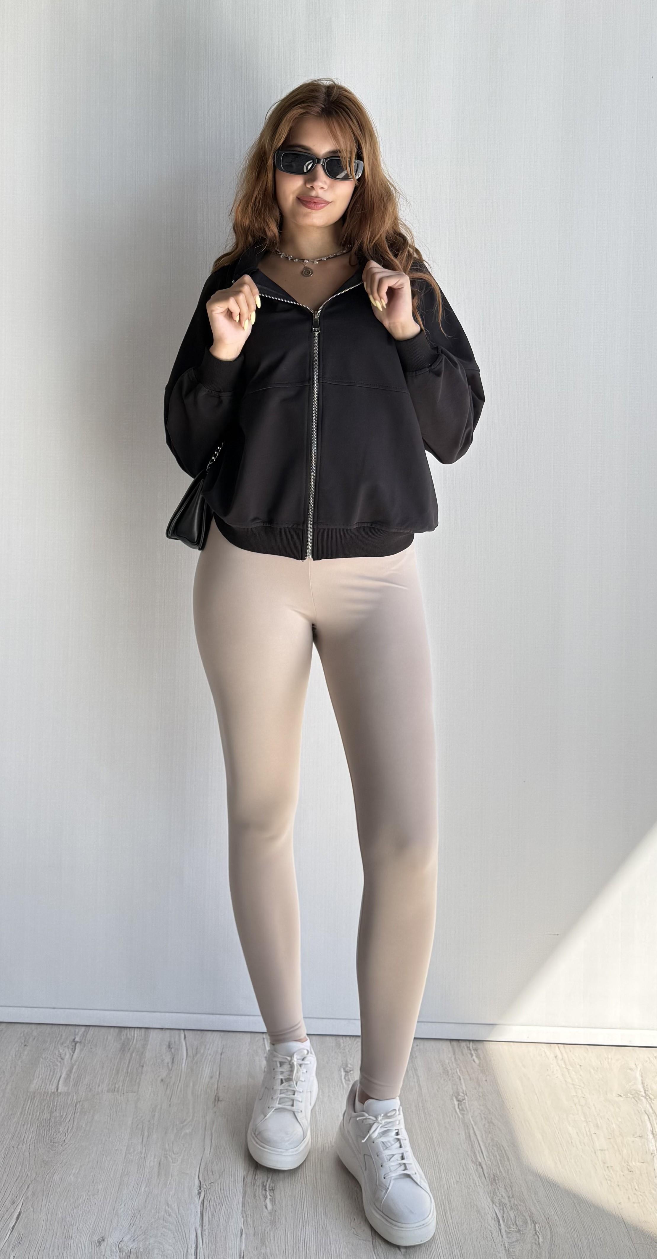 Kadın Bomber Yaka Fermuarlı Uzun Kol Oversize Sweatshirt - Siyah 