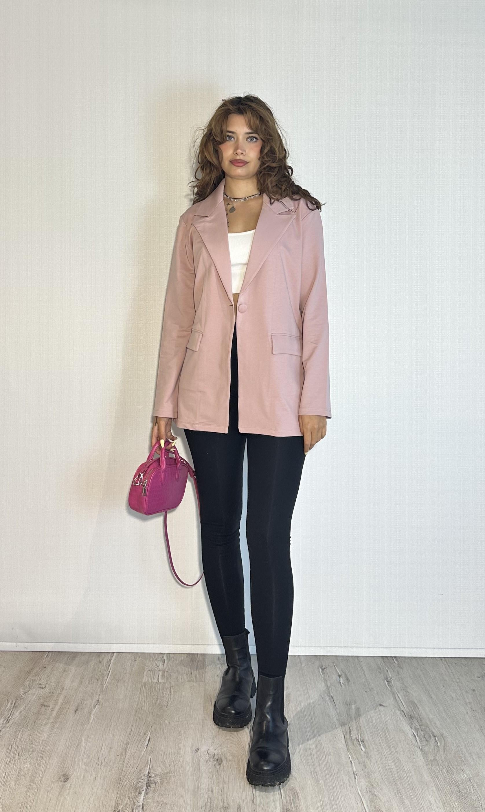 Kadın Cep Detaylı Düğmeli Oversize Blazer Pudra Ceket 