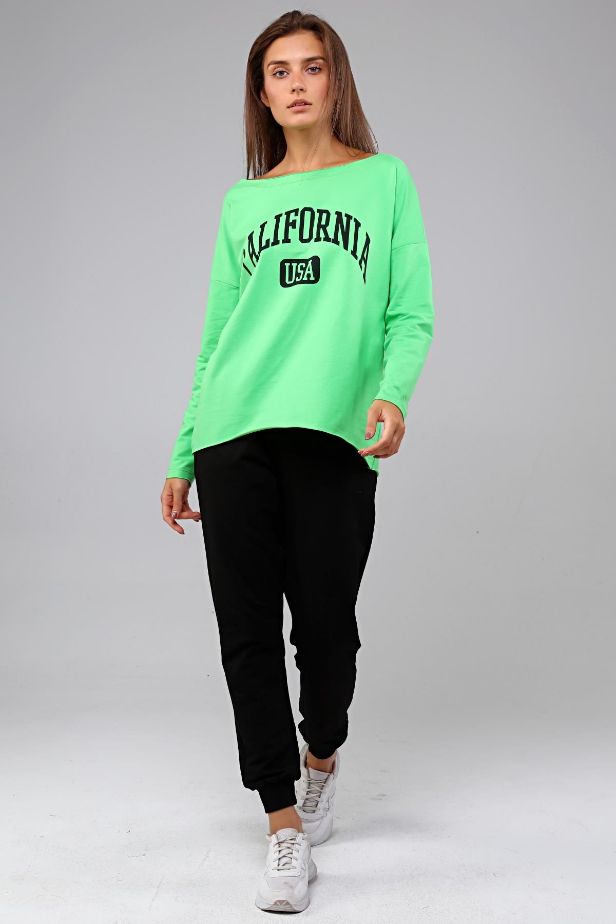 Kadın Geniş Yaka Baskılı Uzun Kol Oversize Bel Lastikli Neon Yeşil Eşofman Takımı