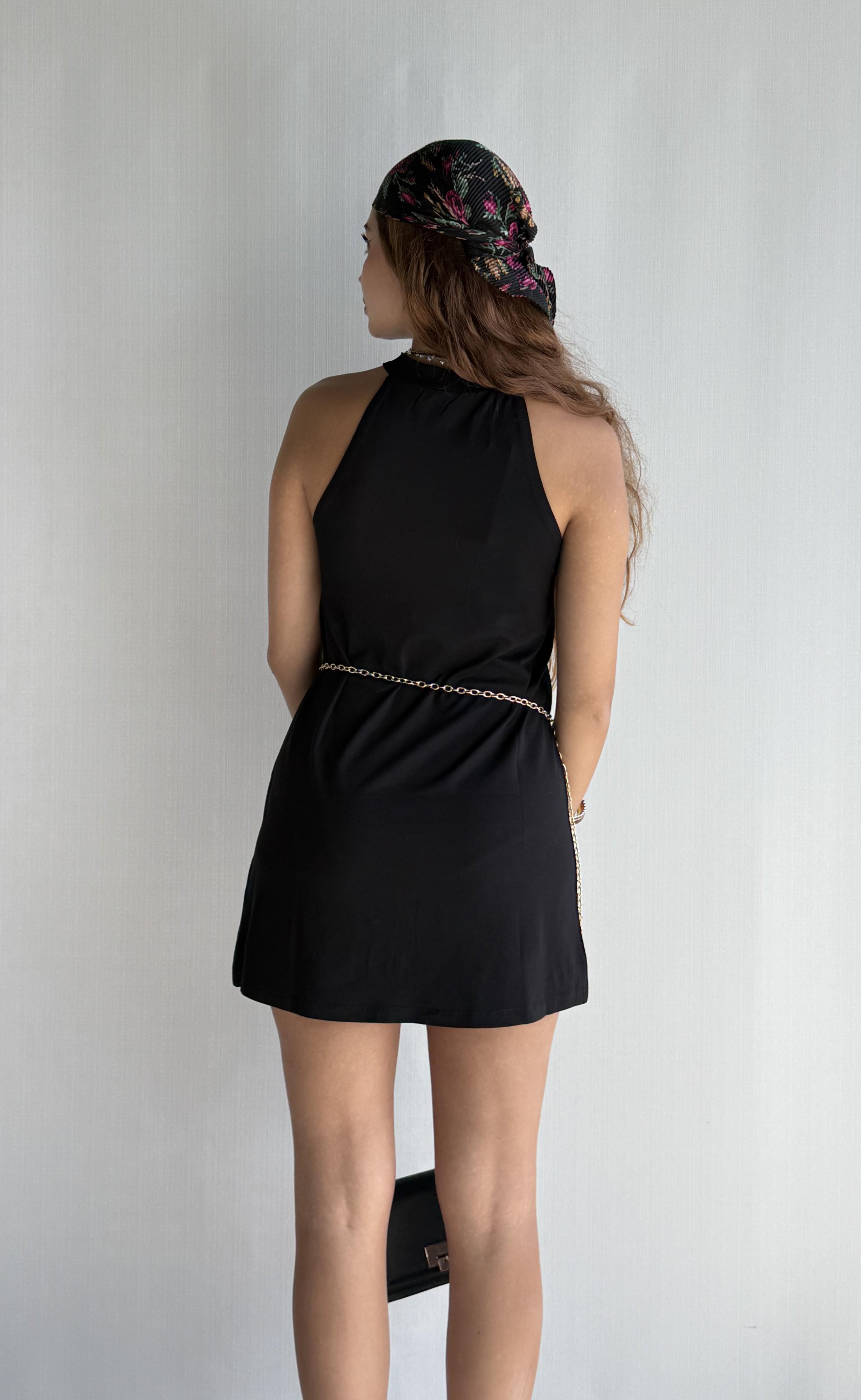 Kadın Halter Yaka Düz Siyah Mini Elbise 