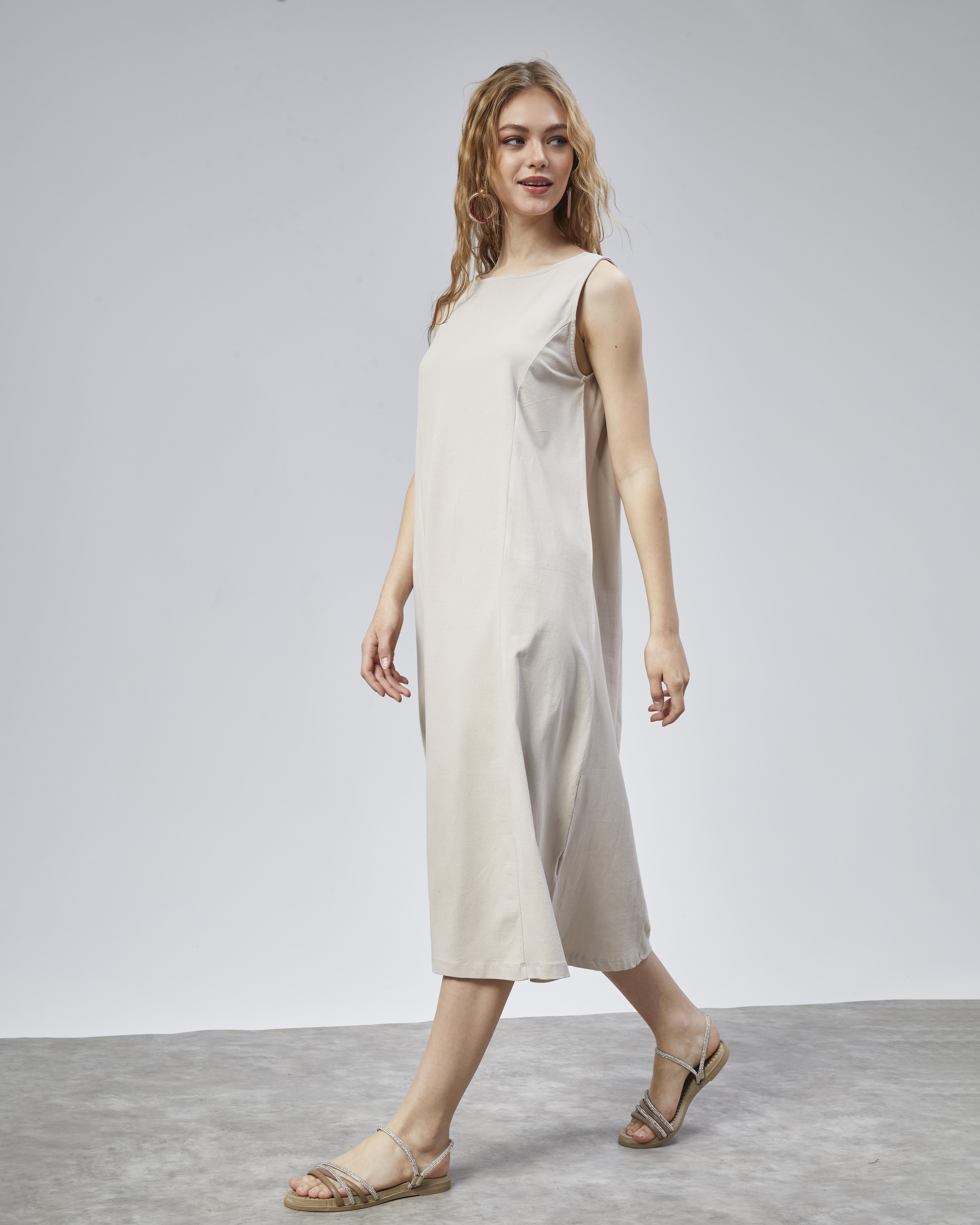 Kadın Halter Yaka Sıfır Kol Düz Oversize Midi Boy Krem Elbise