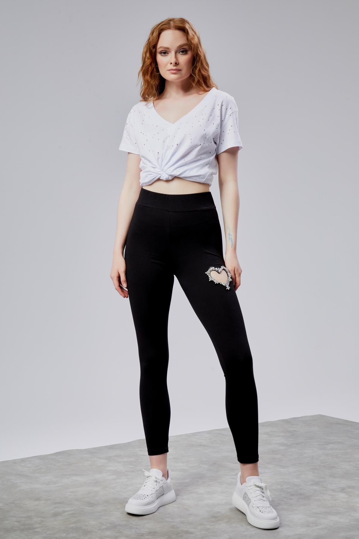 Kadın Kalp Detaylı Yüksek Bel Slim Fit Siyah Tayt 