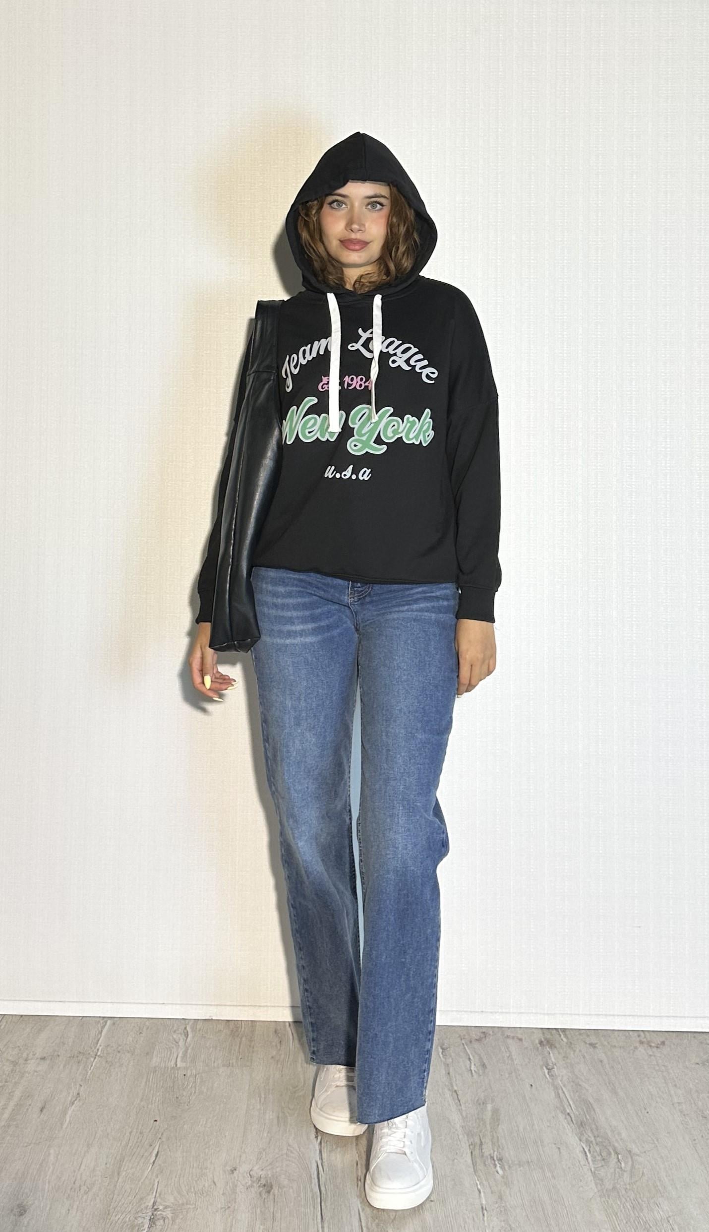 Kadın Kapüşonlu Baskı Detaylı Uzun Kol Oversize Siyah Sweatshirt