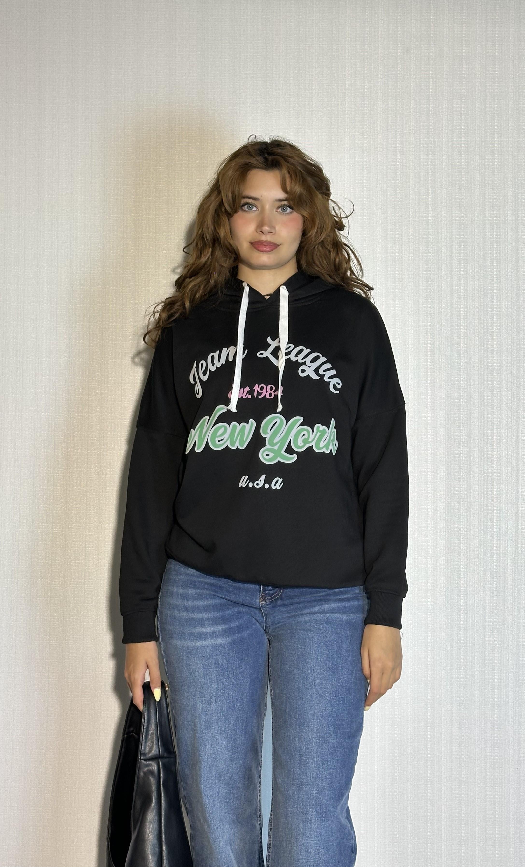 Kadın Kapüşonlu Baskı Detaylı Uzun Kol Oversize Siyah Sweatshirt