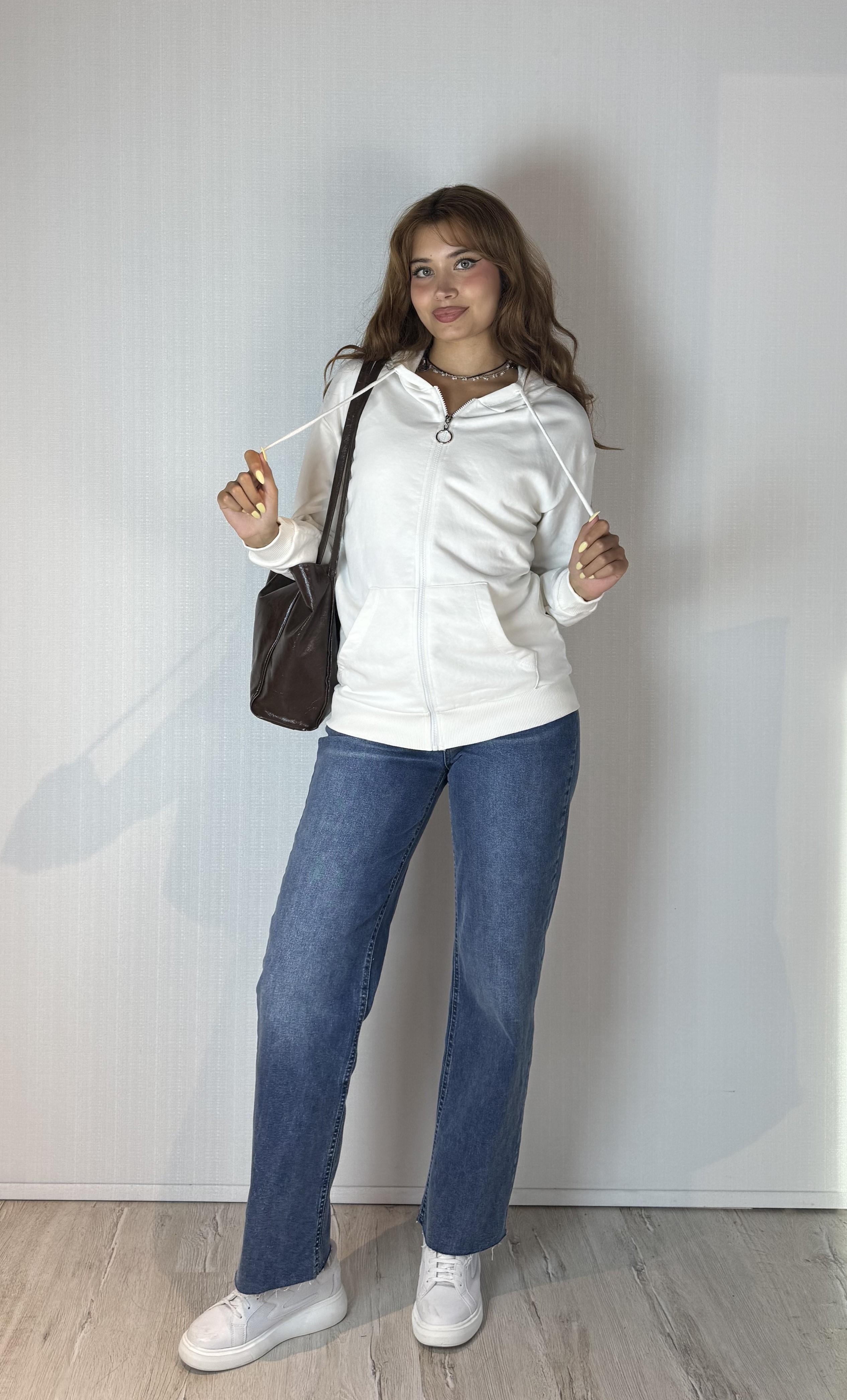Kadın Kapüşonlu Fermuarlı Cep Detaylı Oversize Ekru Hırka Sweatshirt
