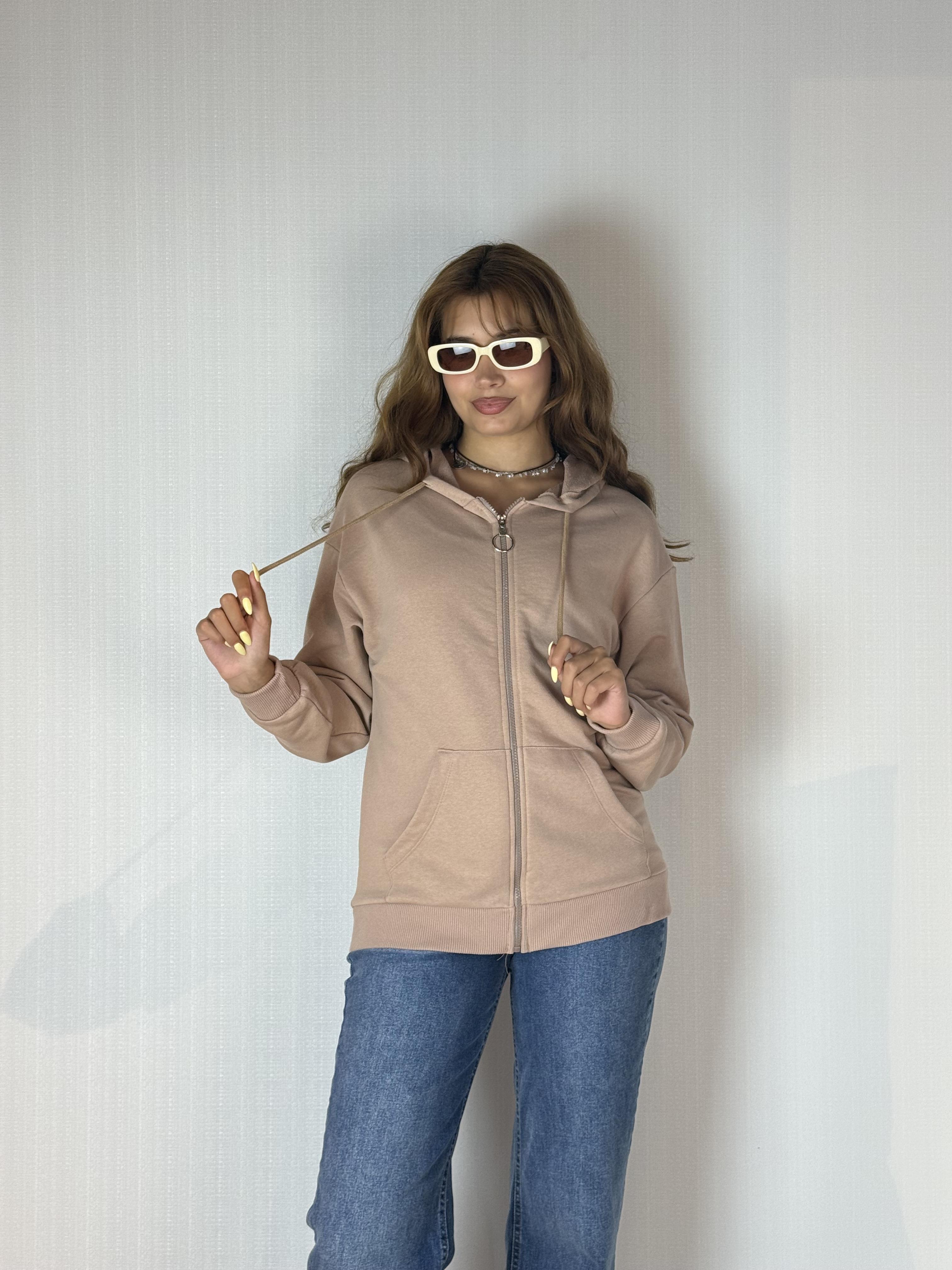 Kadın Kapüşonlu Fermuarlı Cep Detaylı Oversize Kahverengi  Hırka Sweatshirt