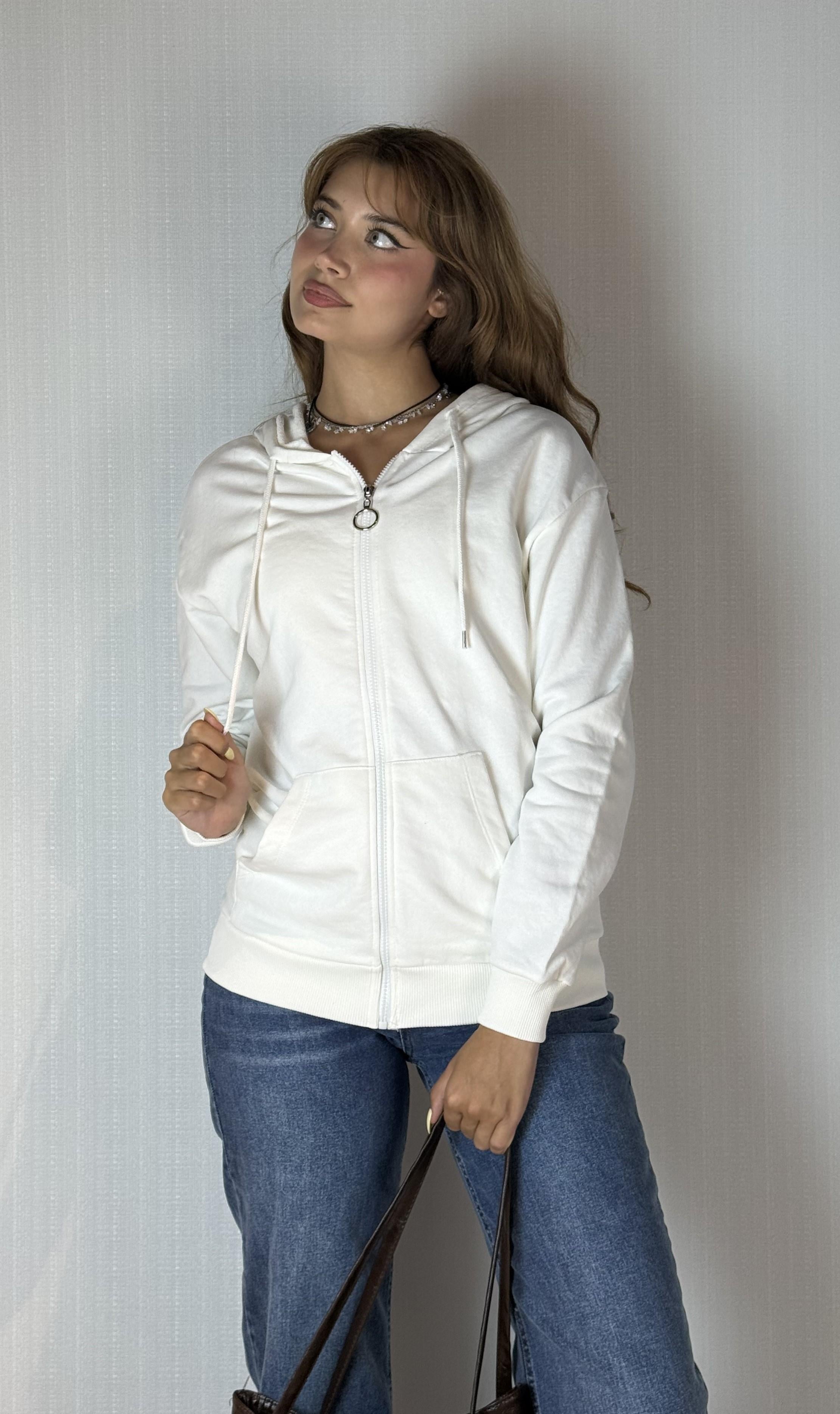 Kadın Kapüşonlu Fermuarlı Cep Detaylı Oversize Ekru Hırka Sweatshirt