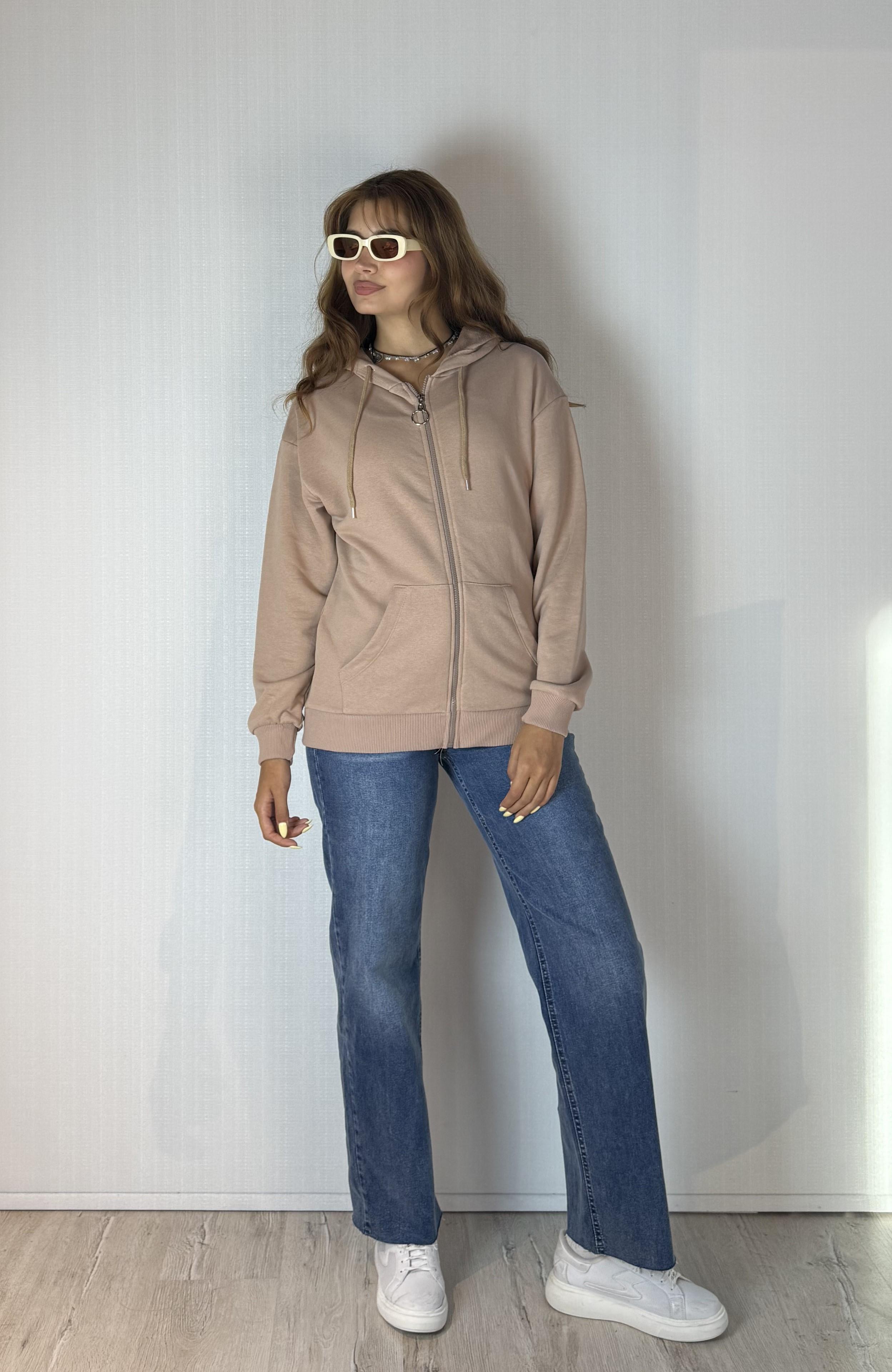 Kadın Kapüşonlu Fermuarlı Cep Detaylı Oversize Kahverengi  Hırka Sweatshirt