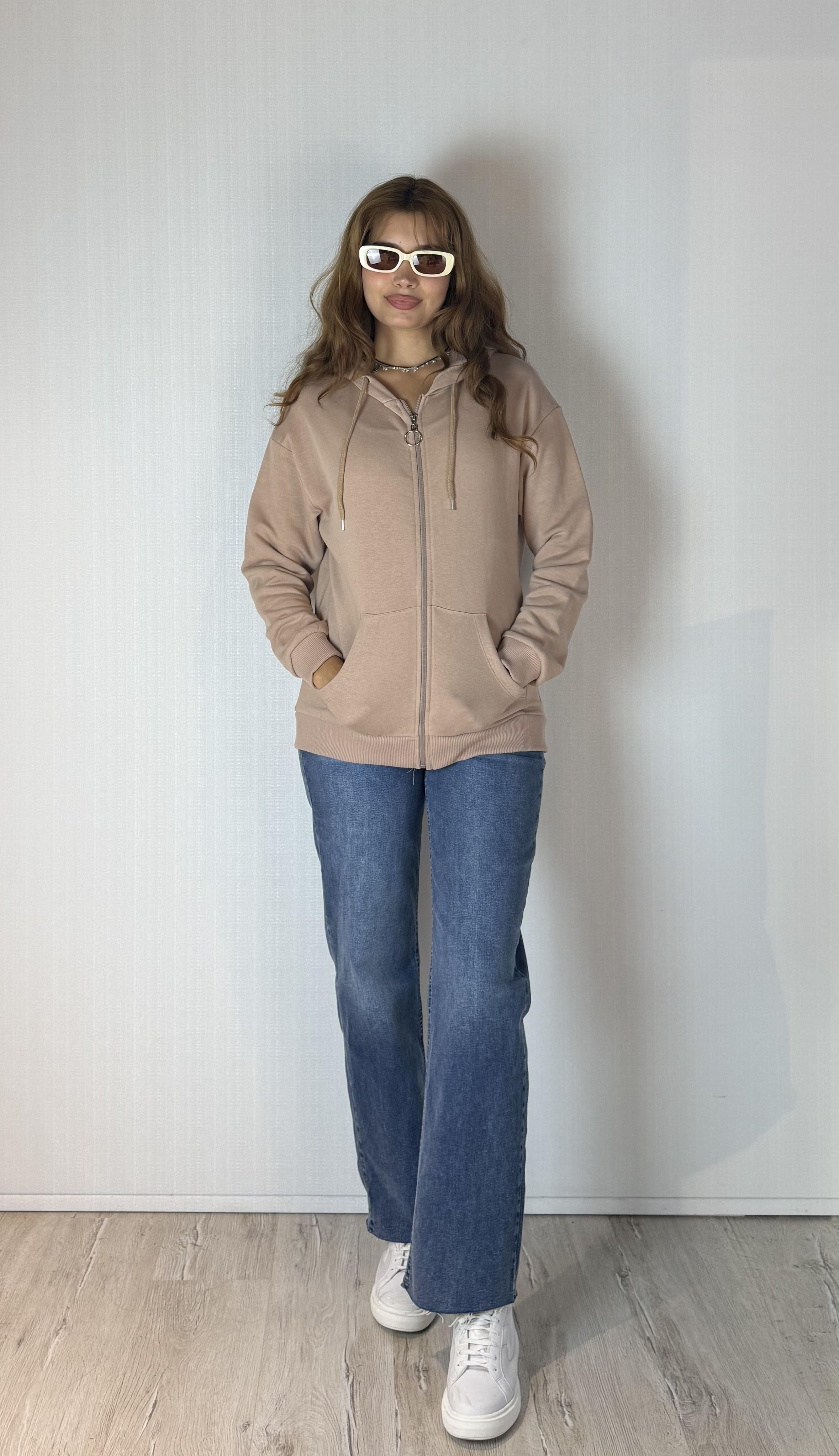Kadın Kapüşonlu Fermuarlı Cep Detaylı Oversize Kahverengi  Hırka Sweatshirt