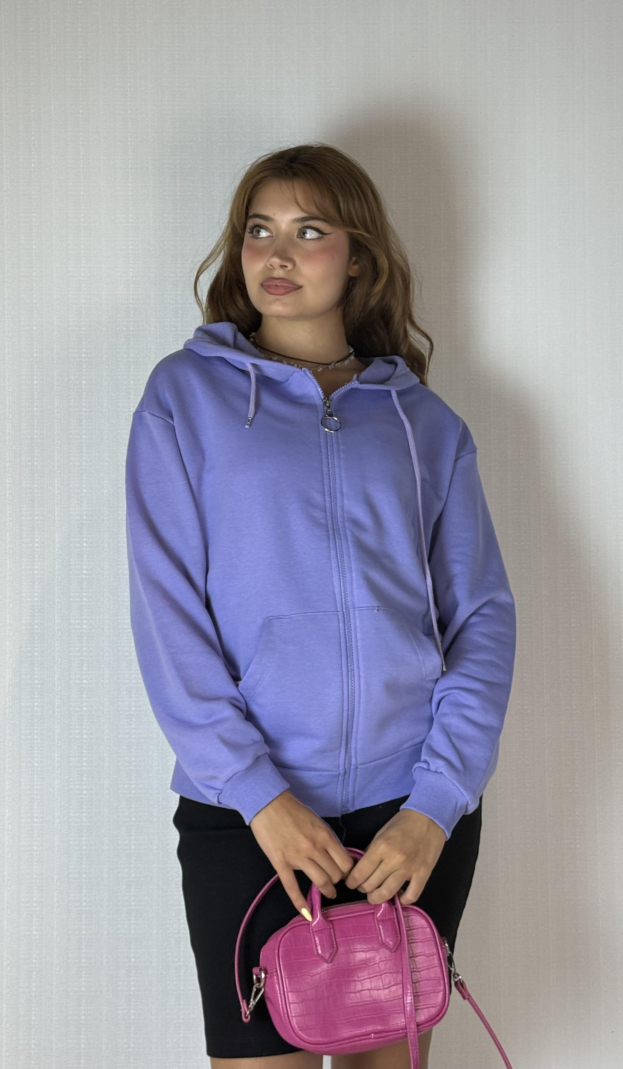 Kadın Kapüşonlu Fermuarlı Cep Detaylı Oversize Mor Hırka Sweatshirt