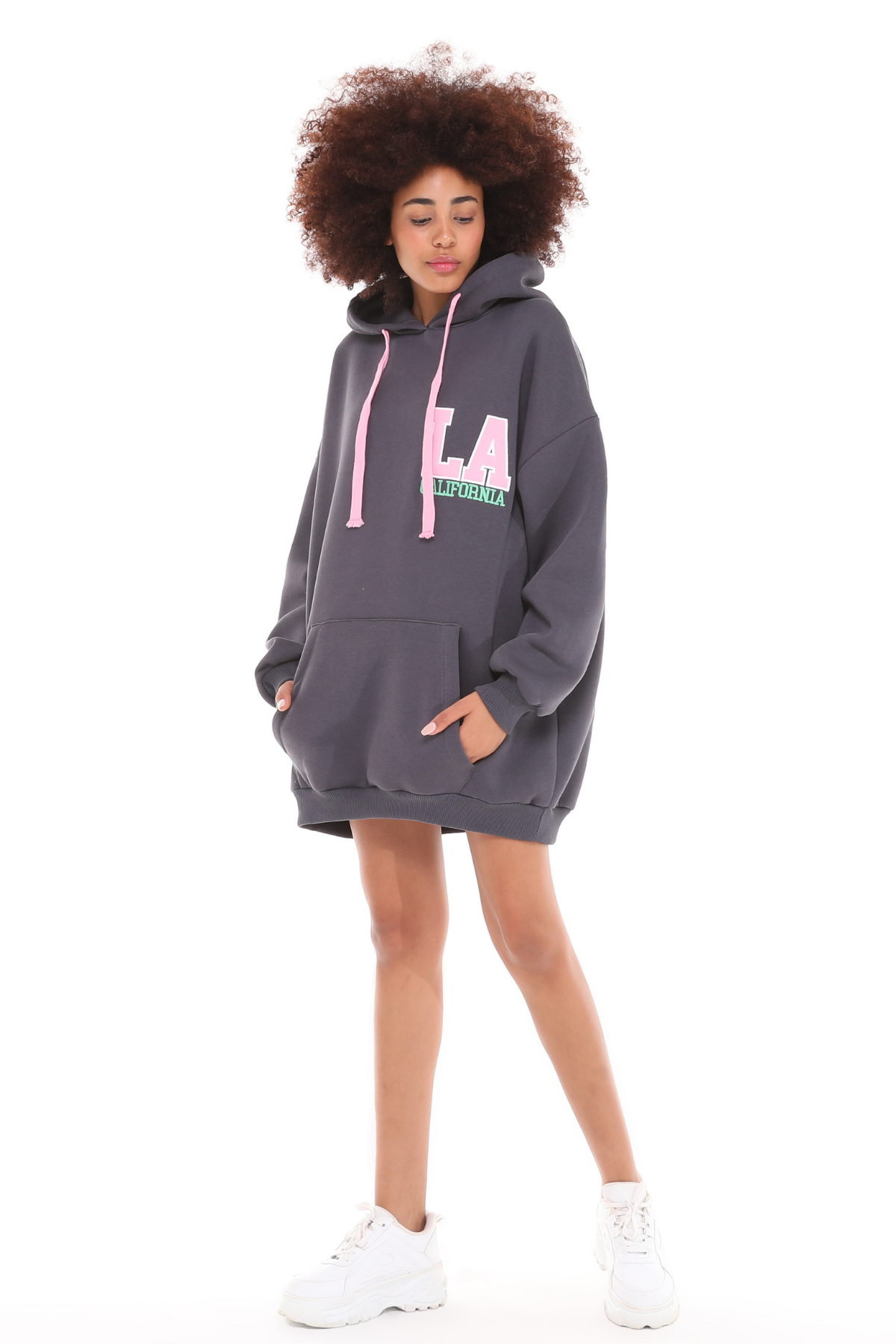 Kadın Kapüşonlu Kanguru Cepli Baskı Detaylı Uzun Kol Oversize Füme Sweatshirt