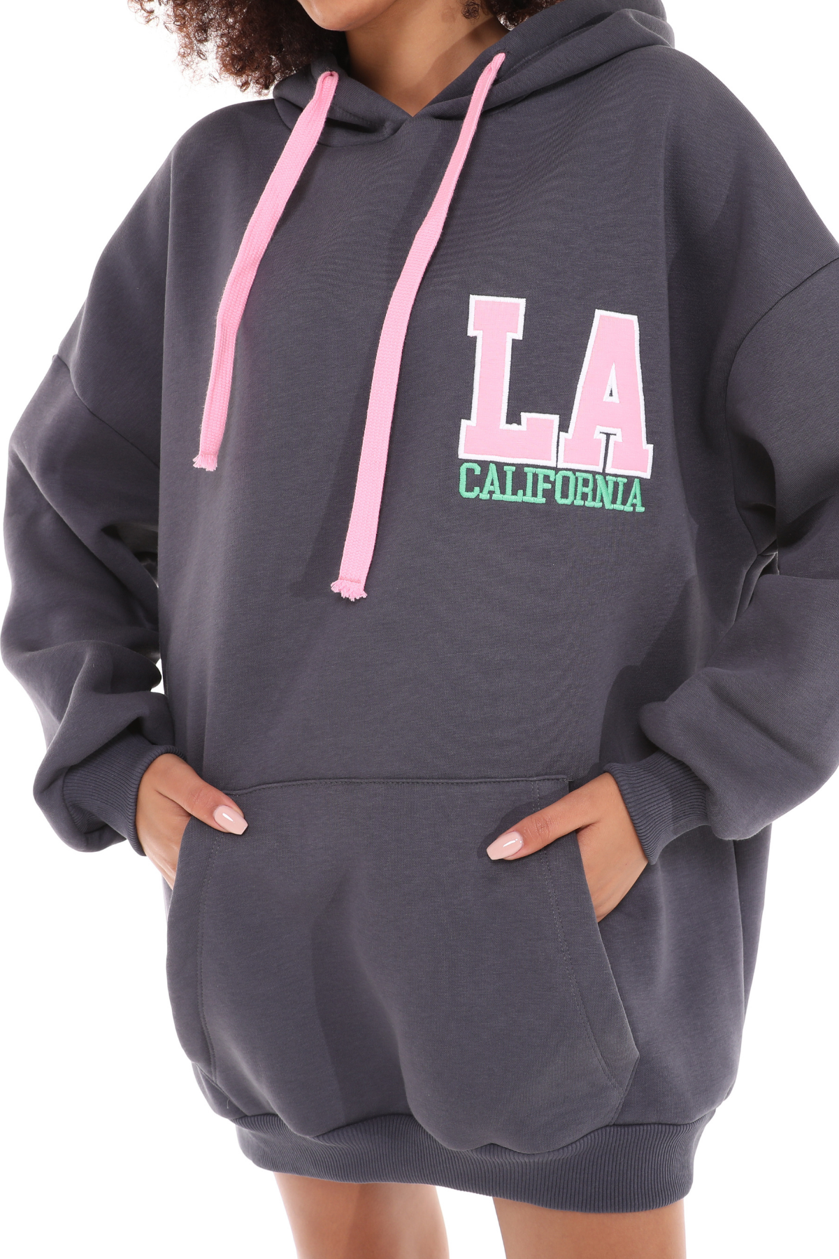 Kadın Kapüşonlu Kanguru Cepli Baskı Detaylı Uzun Kol Oversize Füme Sweatshirt