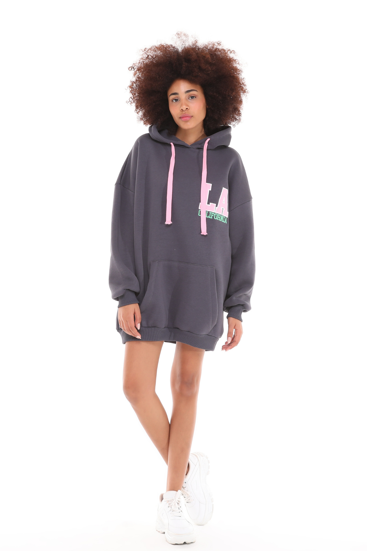 Kadın Kapüşonlu Kanguru Cepli Baskı Detaylı Uzun Kol Oversize Füme Sweatshirt