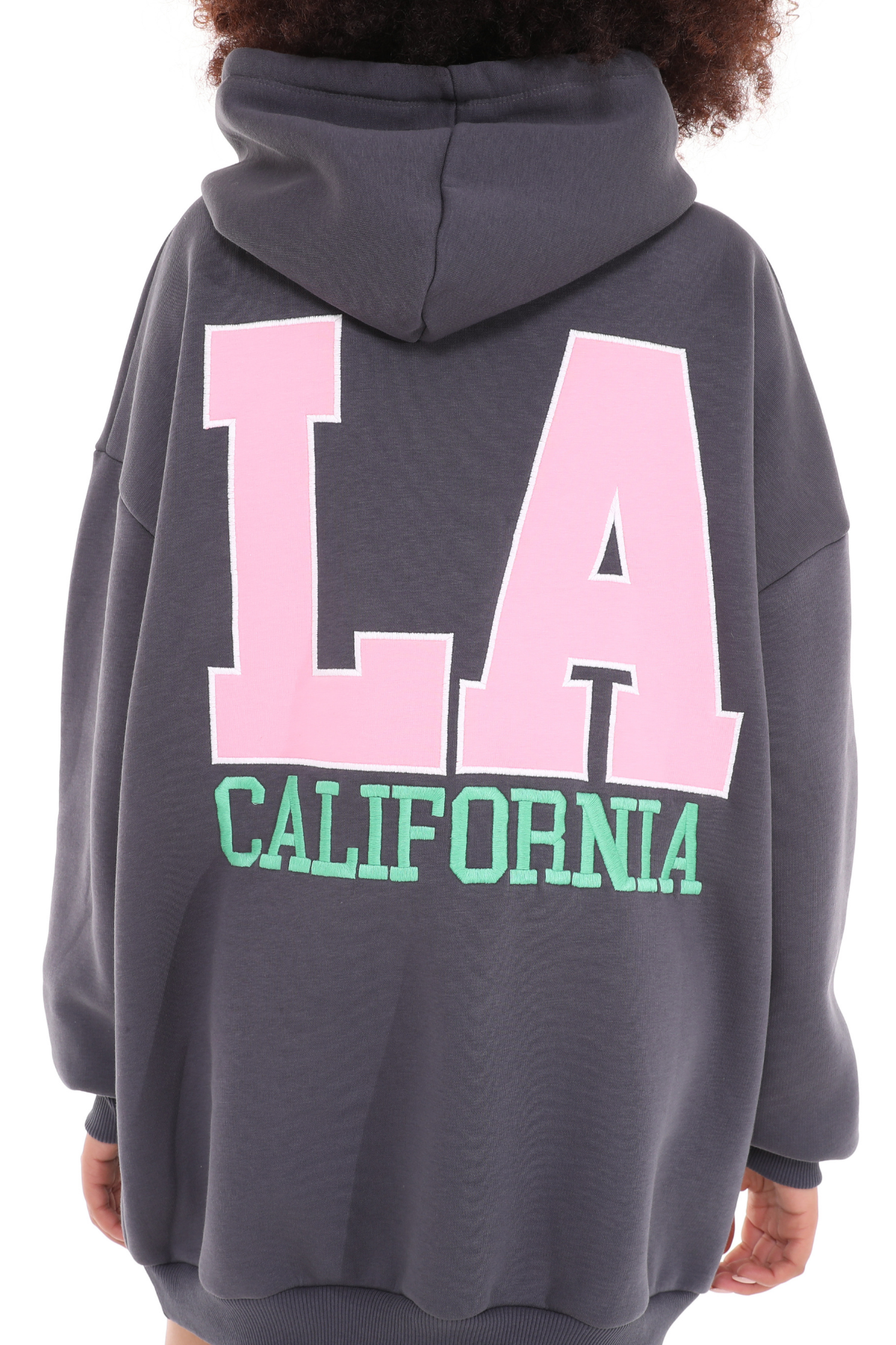 Kadın Kapüşonlu Kanguru Cepli Baskı Detaylı Uzun Kol Oversize Füme Sweatshirt