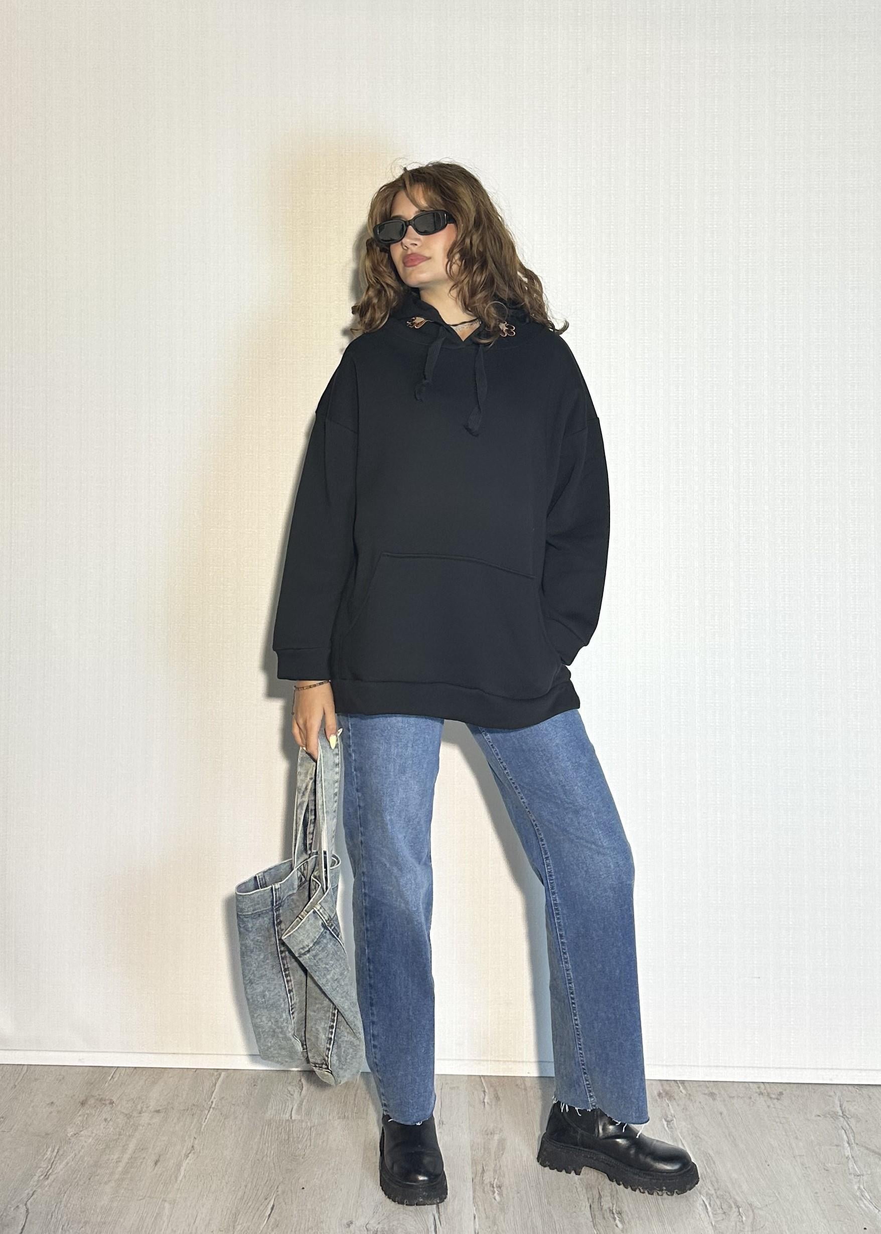 Kadın Kapüşonlu Kanguru Cepli Nakış Baskı Detaylı Uzun Kollu Oversize Sweatshirt 
