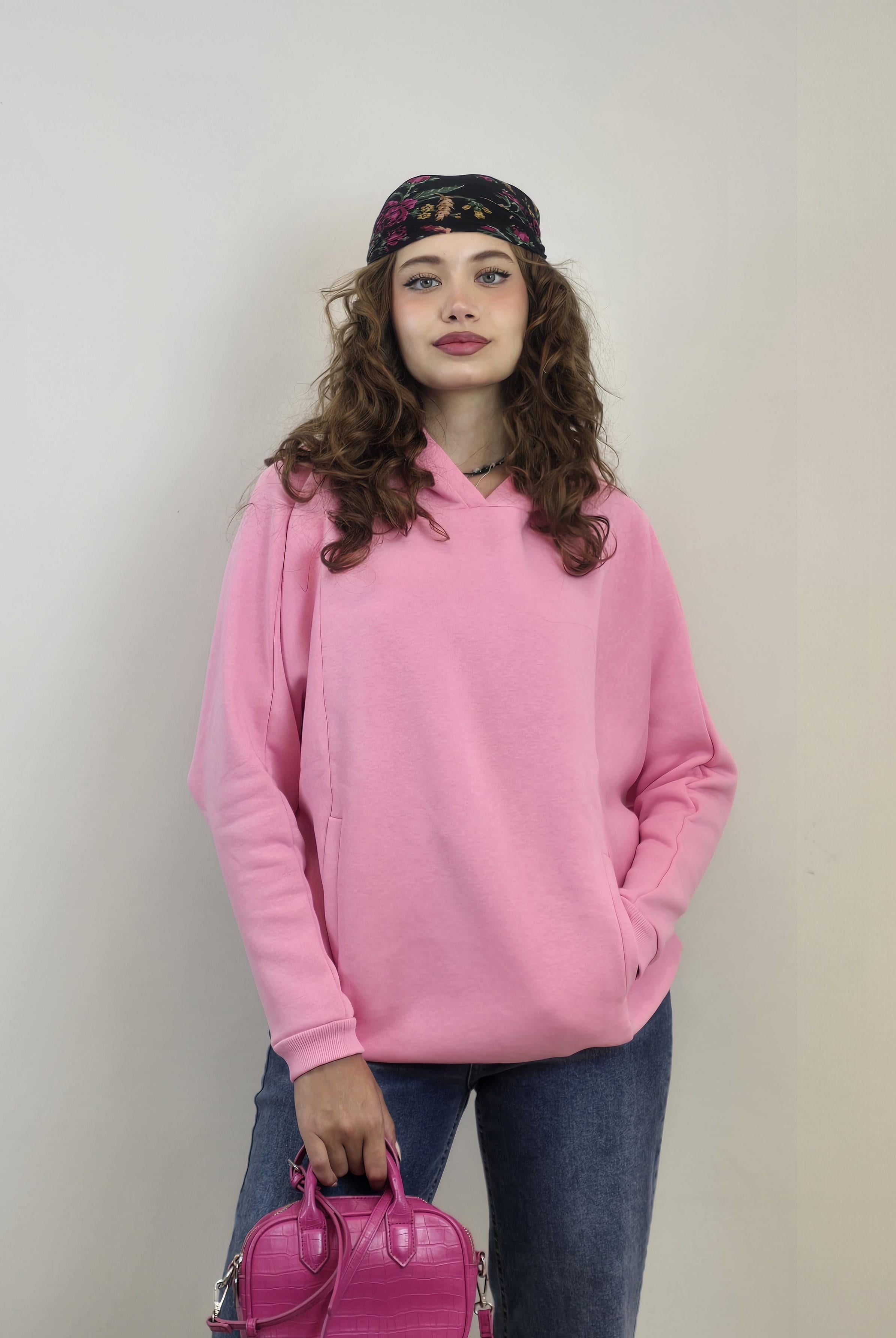 Kadın Kapüşonlu Kanguru Cepli Uzun Kol Oversize Pembe Sweatshirt