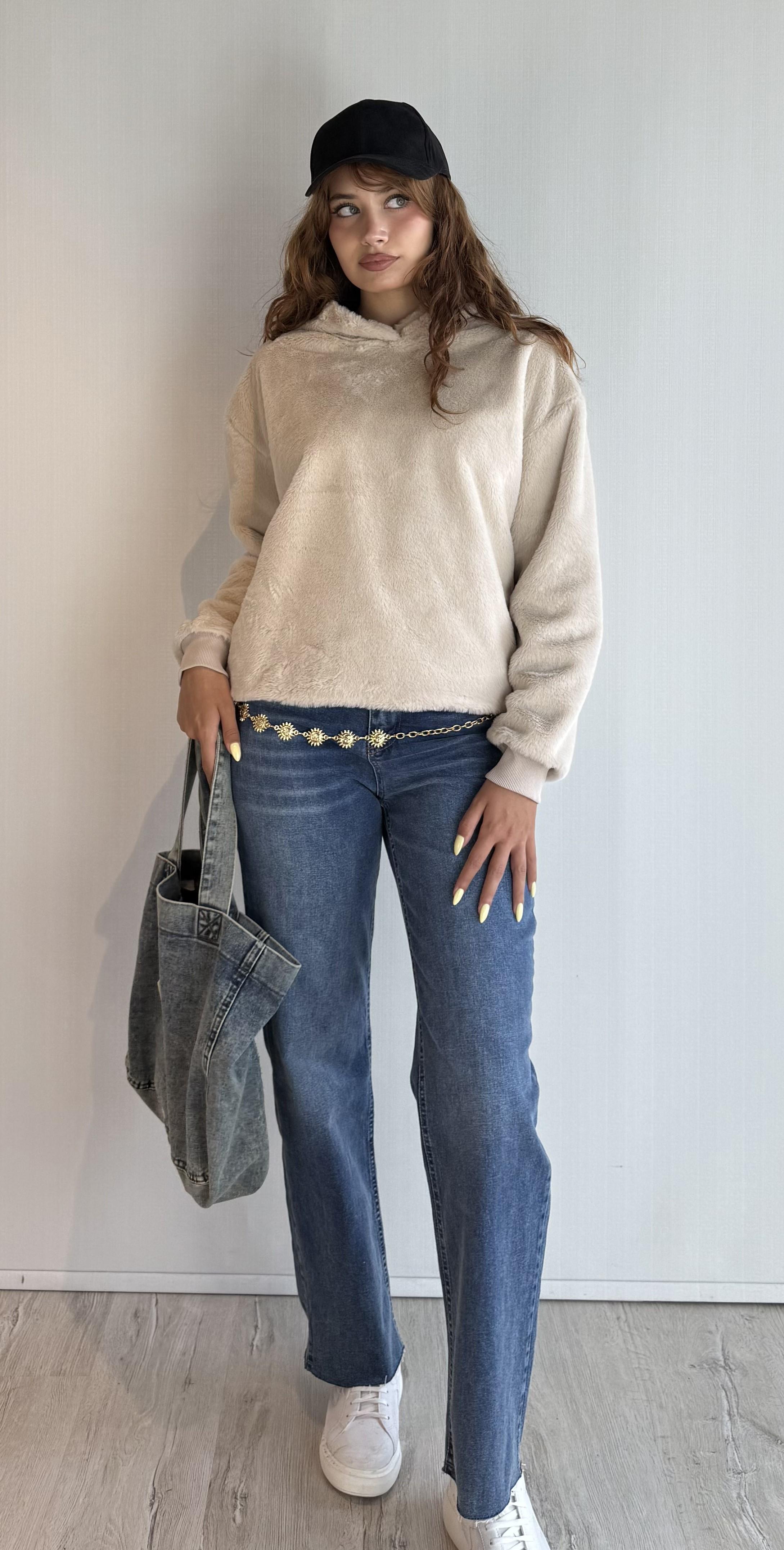 Kadın Kapüşonlu Oversize Bej Peluş Sweathirt