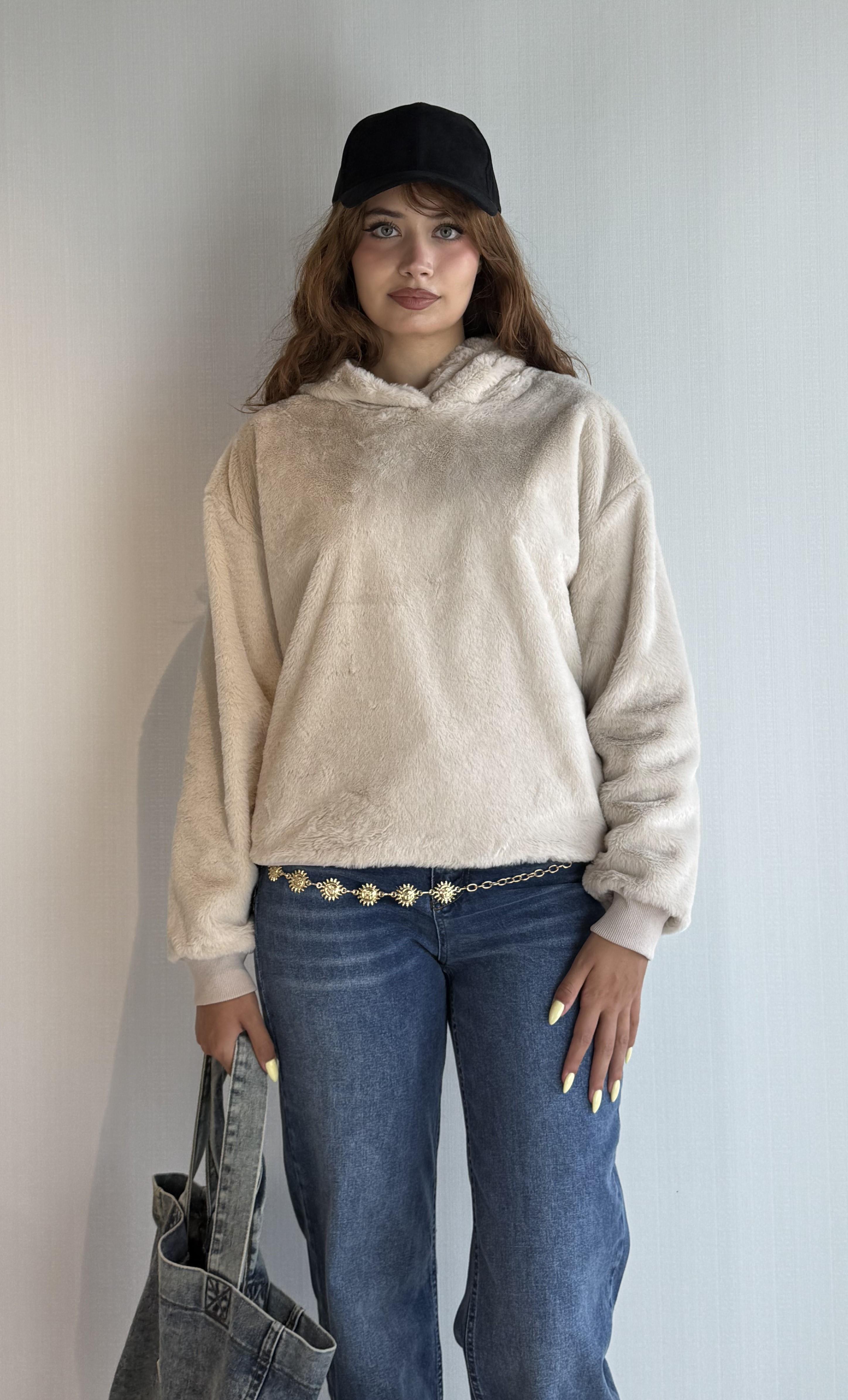 Kadın Kapüşonlu Oversize Bej Peluş Sweathirt