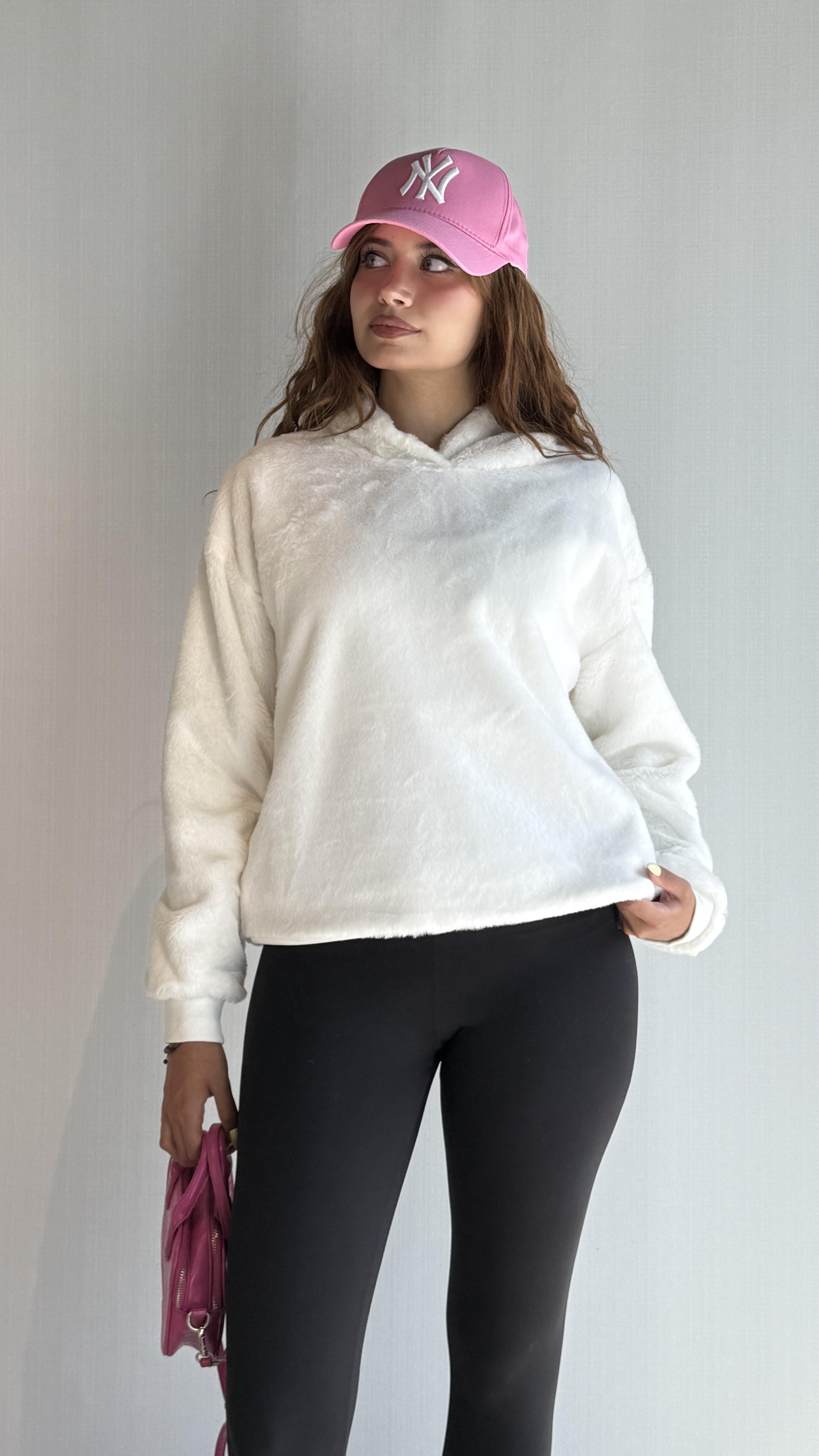 Kadın Kapüşonlu Oversize Ekru Peluş Sweathirt