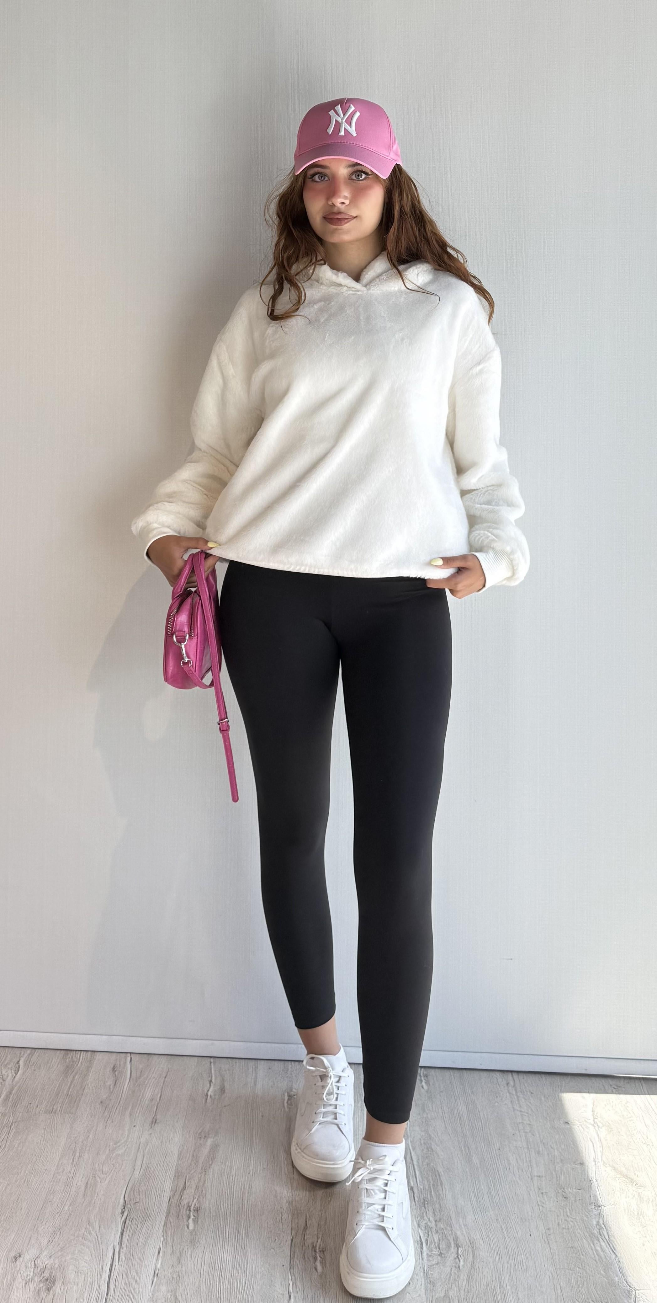 Kadın Kapüşonlu Oversize Ekru Peluş Sweathirt