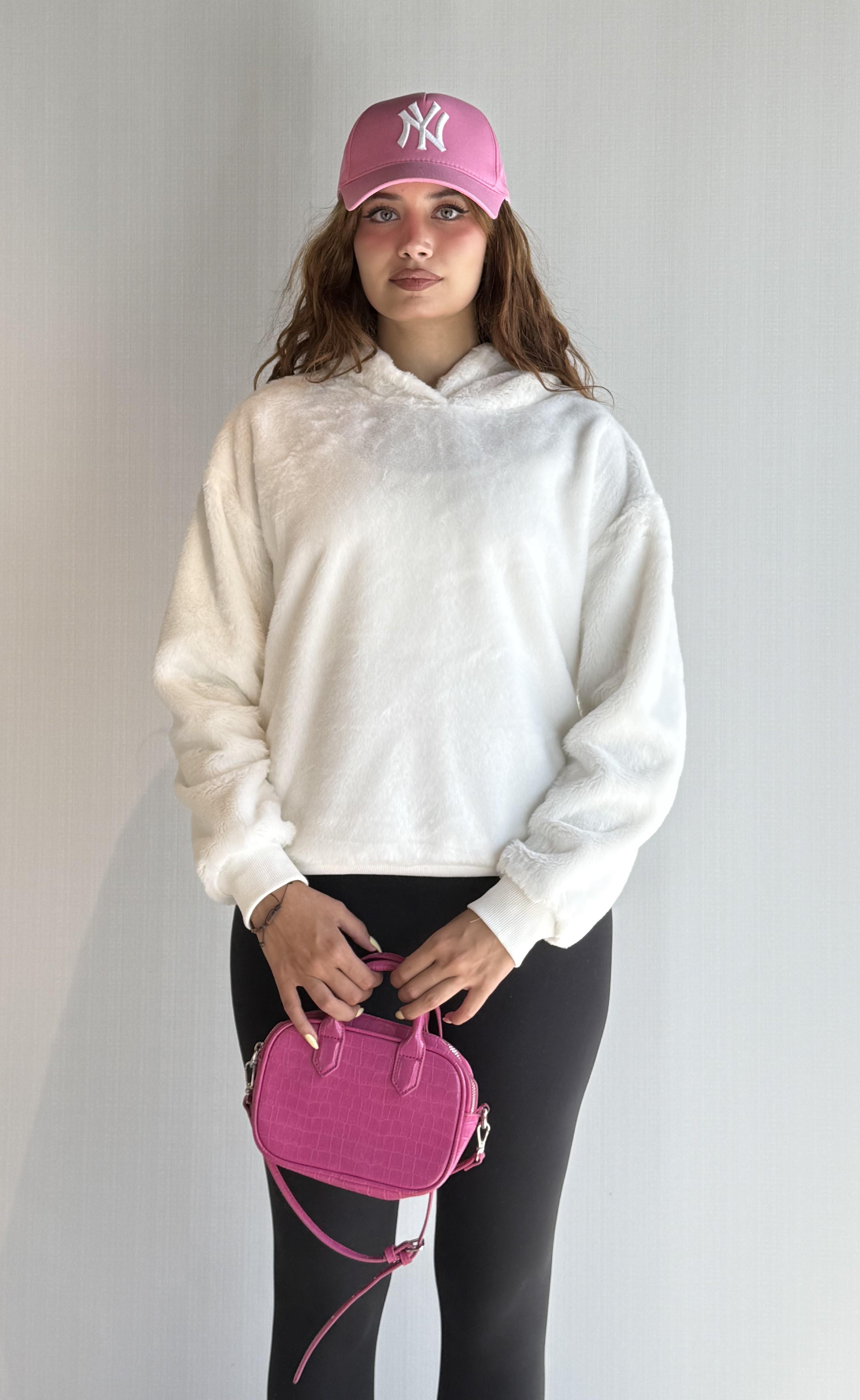 Kadın Kapüşonlu Oversize Ekru Peluş Sweathirt