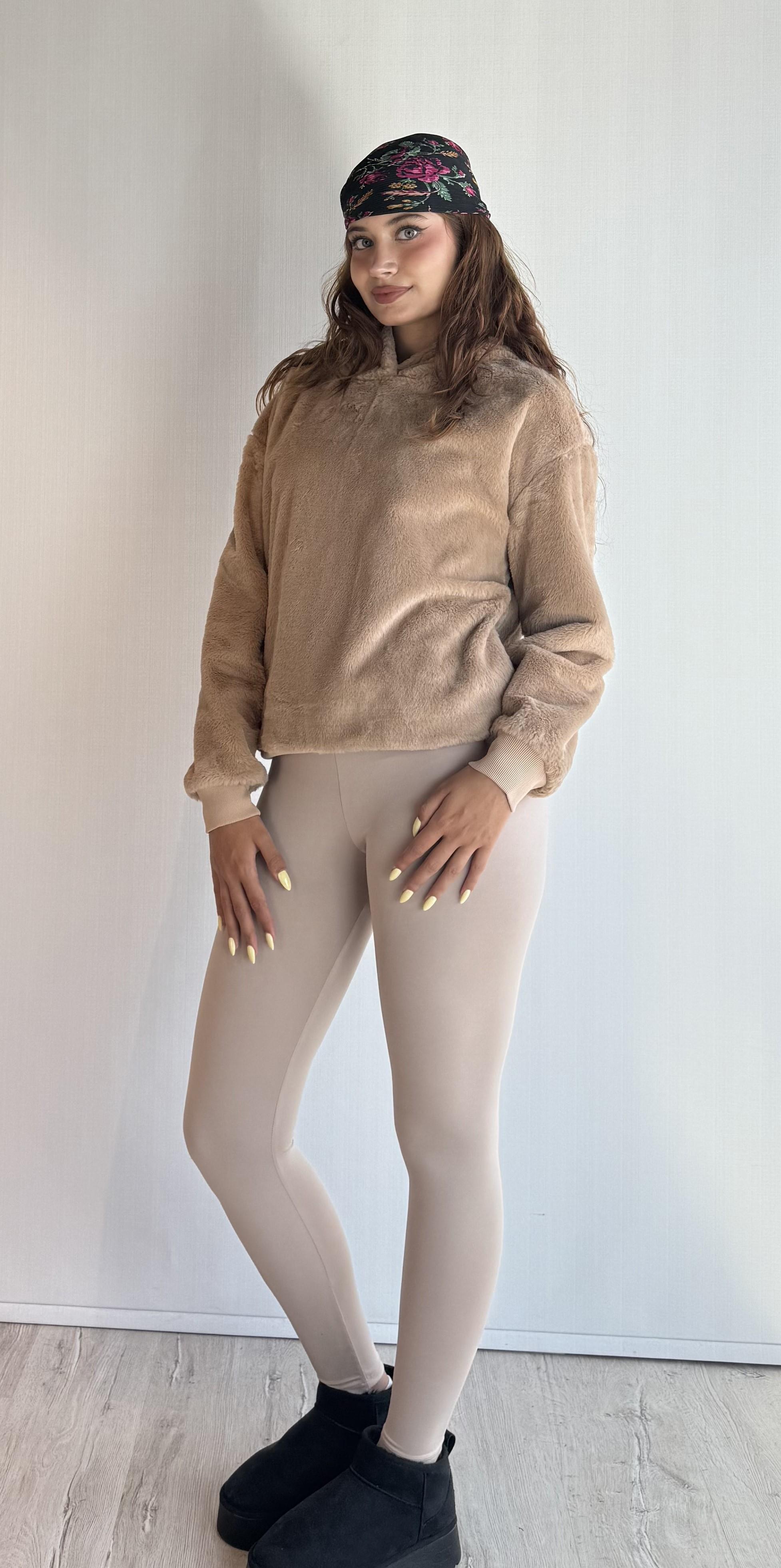 Kadın Kapüşonlu Oversize Kahverengi Peluş Sweathirt