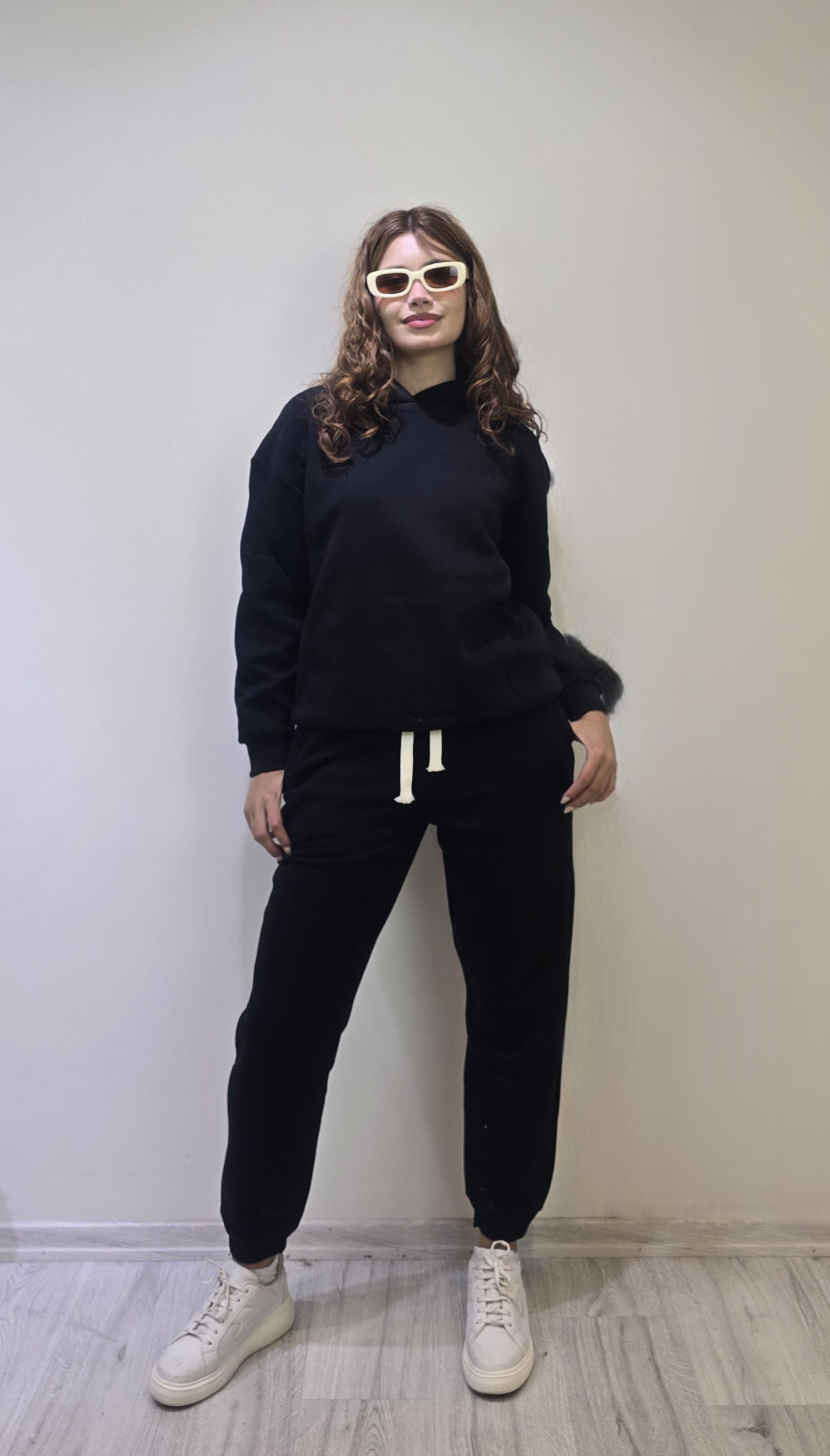 Kadın Kapüşonlu Uzun Kollu Oversize Bel Lastikli Siyah Eşofman Takım