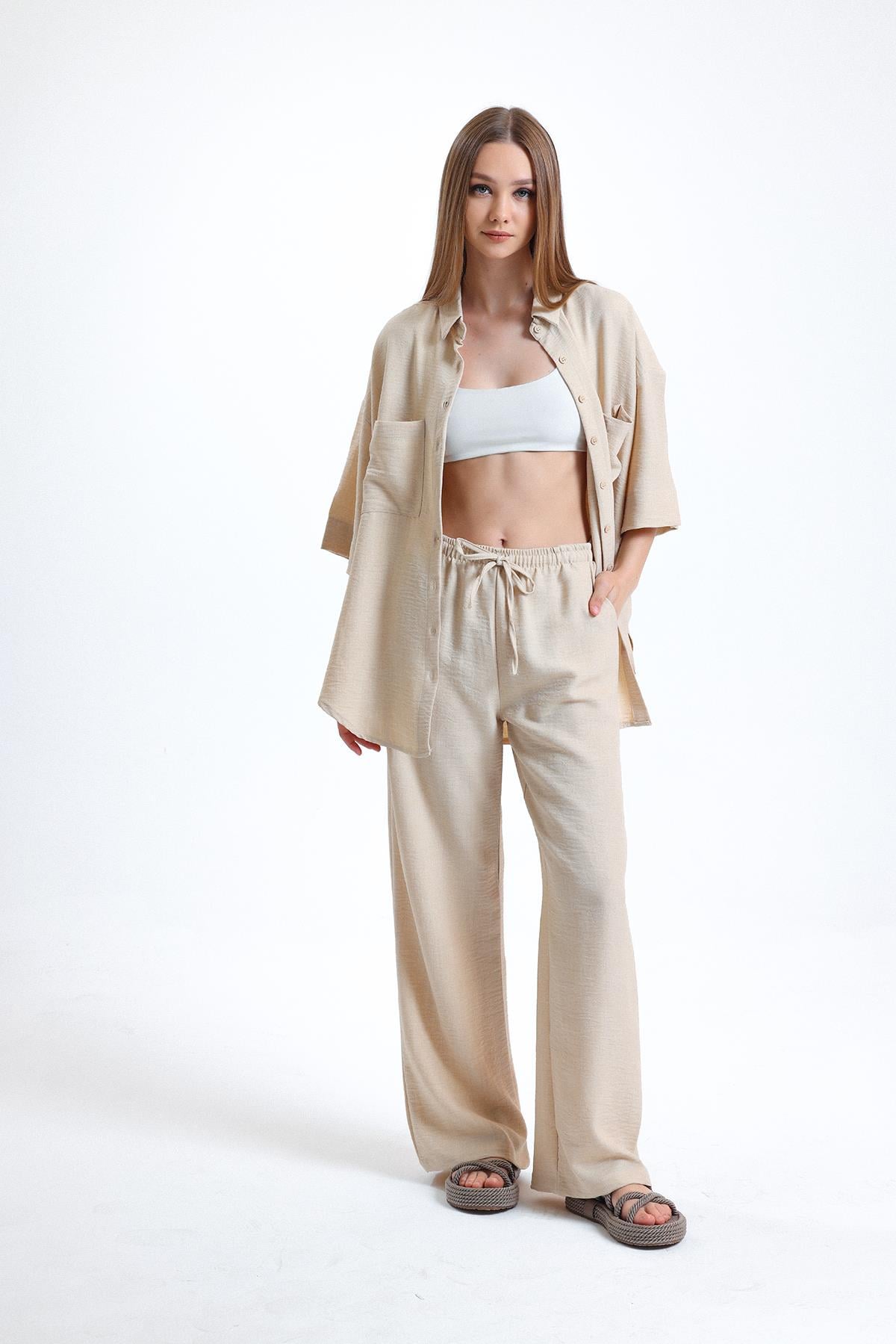 Kadın Keten Kumaş Truvakar Kol Oversize Basic Gömlek Şort Bej İkili Takım