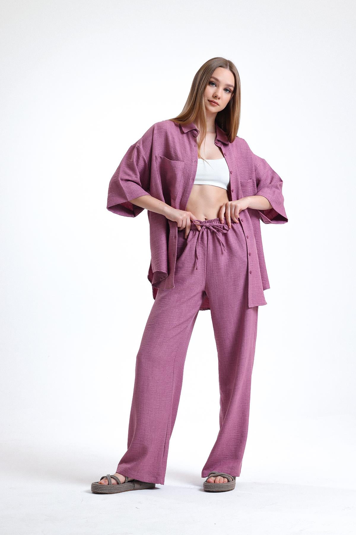 Kadın Keten Kumaş Truvakar Kol Oversize Basic Gömlek Şort Gül Kurusu İkili Takım