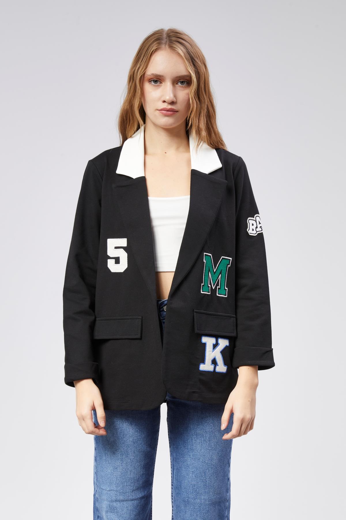 Kadın Nakışlı Örme Kumaş Siyah Ceket