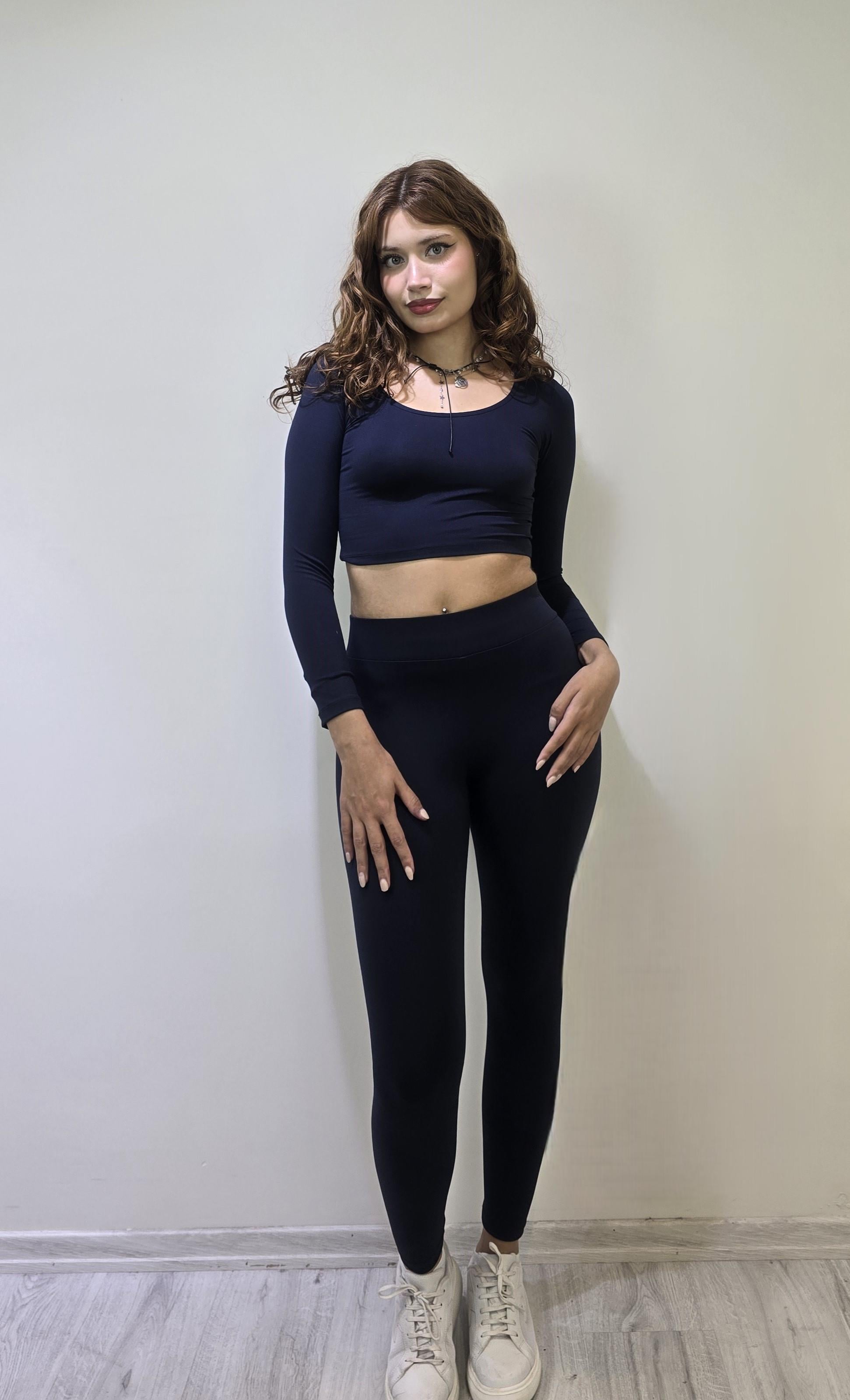 Kadın Uzun Kollu Crop Yüksek Bel Slim Fit Tayt Lacivert İkili Takım
