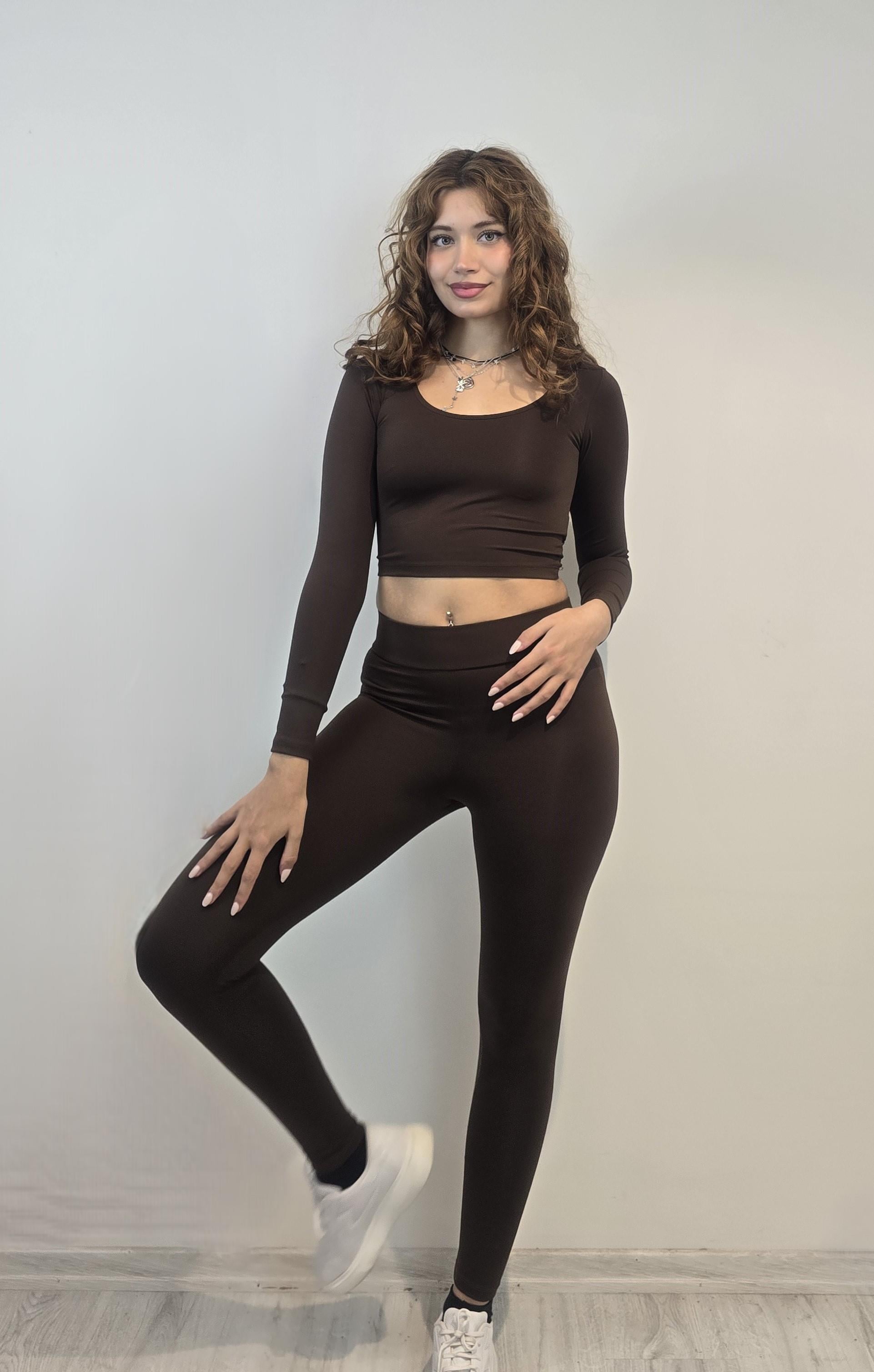 Kadın Uzun Kollu Crop Yüksek Bel Slim Fit Tayt Kahverengi İkili Takım