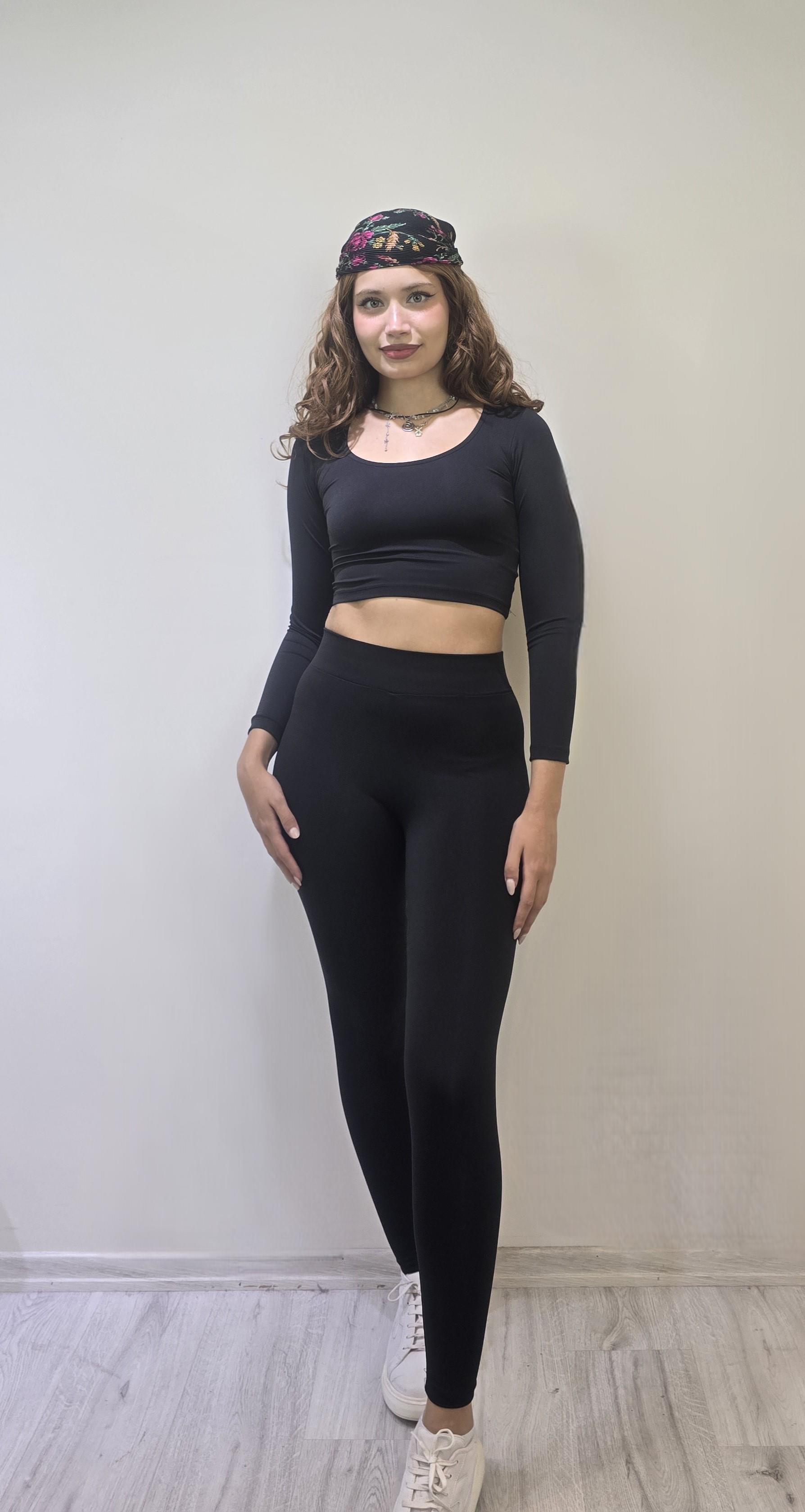 Kadın Uzun Kollu Crop Yüksek Bel Slim Fit Tayt Siyah İkili Takım