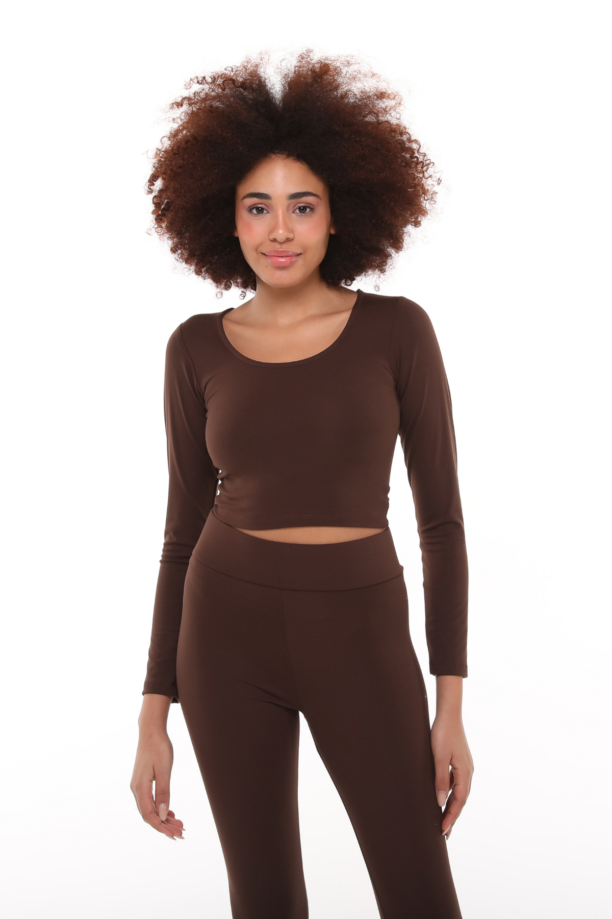 Kadın Uzun Kollu Dar Kalıp Yuvarlak Yaka Kadın Kahverengi Crop Top Tişört 