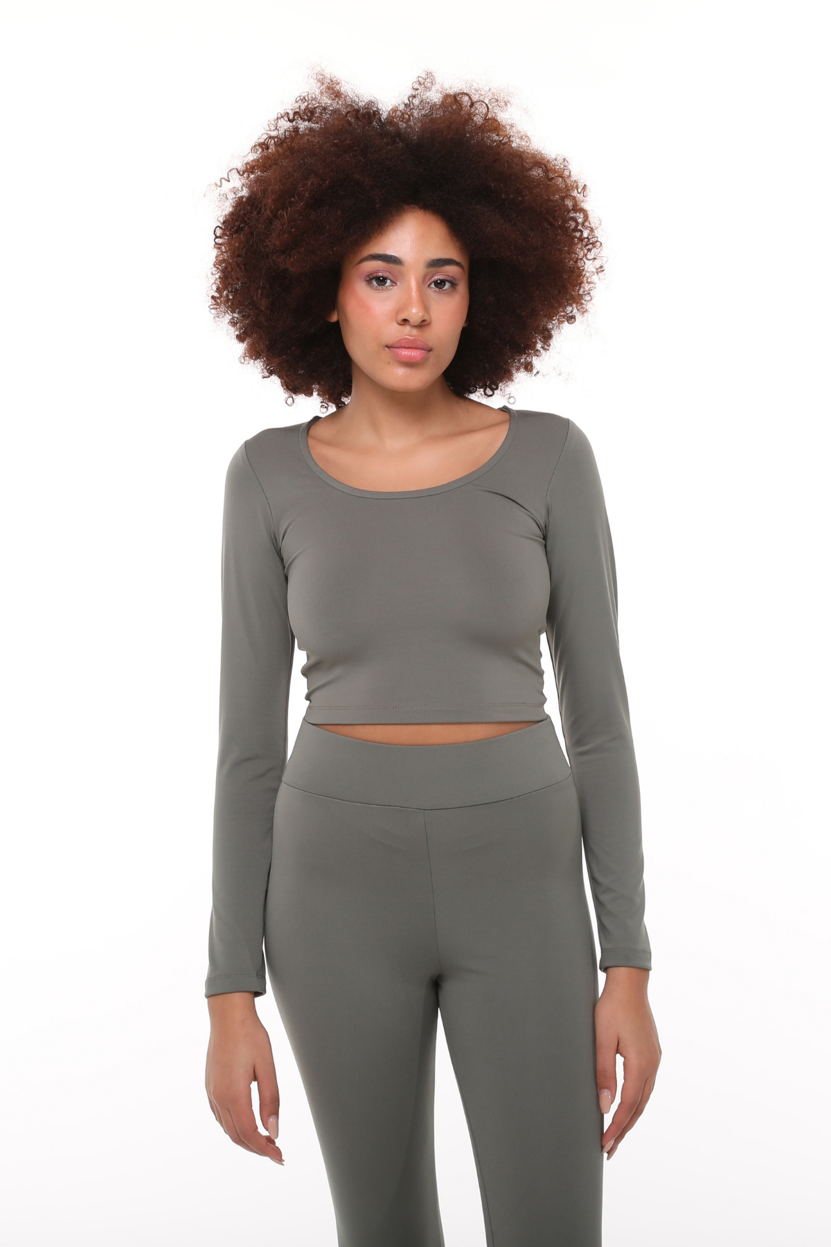 Kadın Uzun Kollu Dar Kalıp Yuvarlak Yaka Kadın Haki Crop Top Tişört 