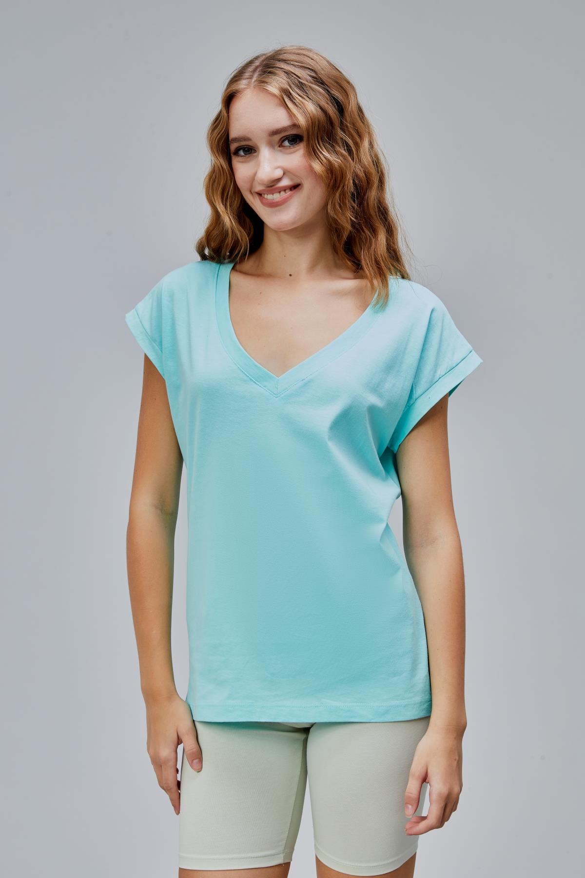 Kadın V Yaka Kısa Kol Düz Basic Turkuaz Tişört